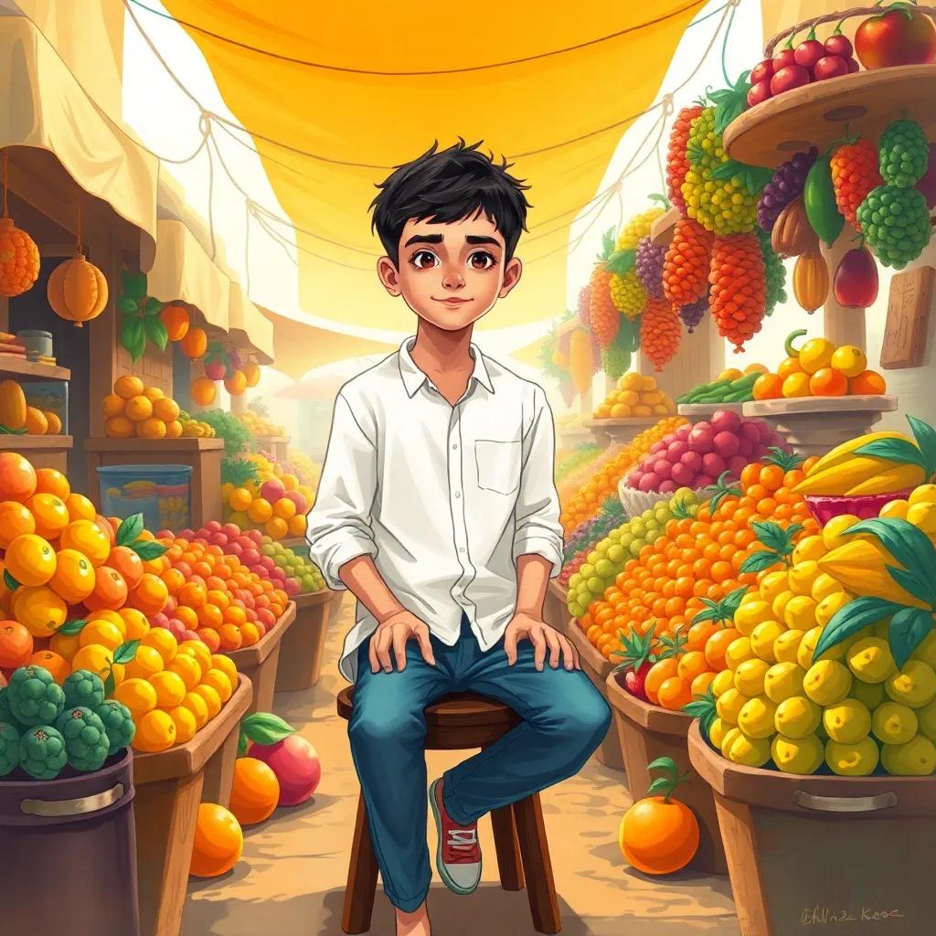 A young Arab boy, Amir, with short black hair wearing a simple white shirt and jeans, sitting alone on a small stool in a sunny marketplace surrounded by colorful fruits, illustration, warm colors, inviting atmosphere, high quality