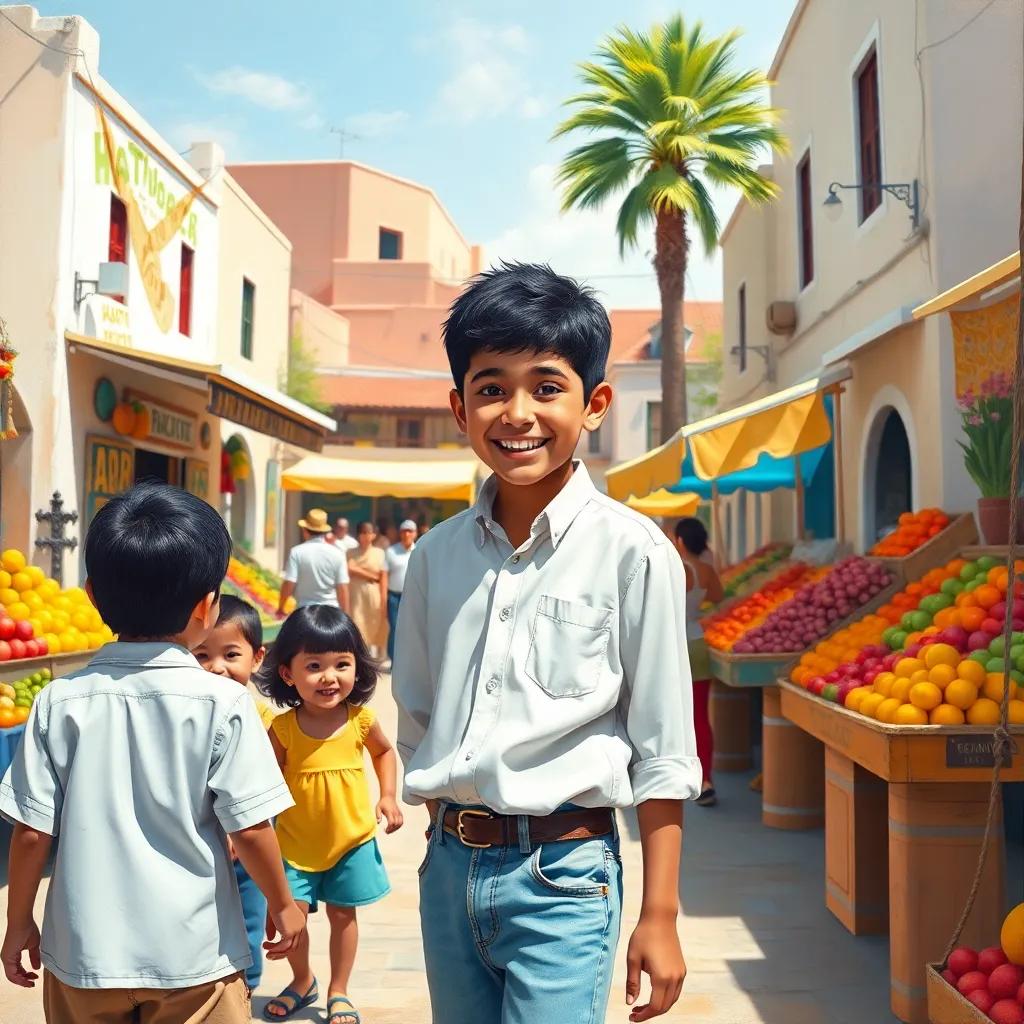 A young Arab boy, Amir, with short black hair, wearing a simple white shirt and jeans, smiling and calling out to children in a sunny village square, colorful fruit stalls around him, cheerful vibe, child-friendly, vibrant energy