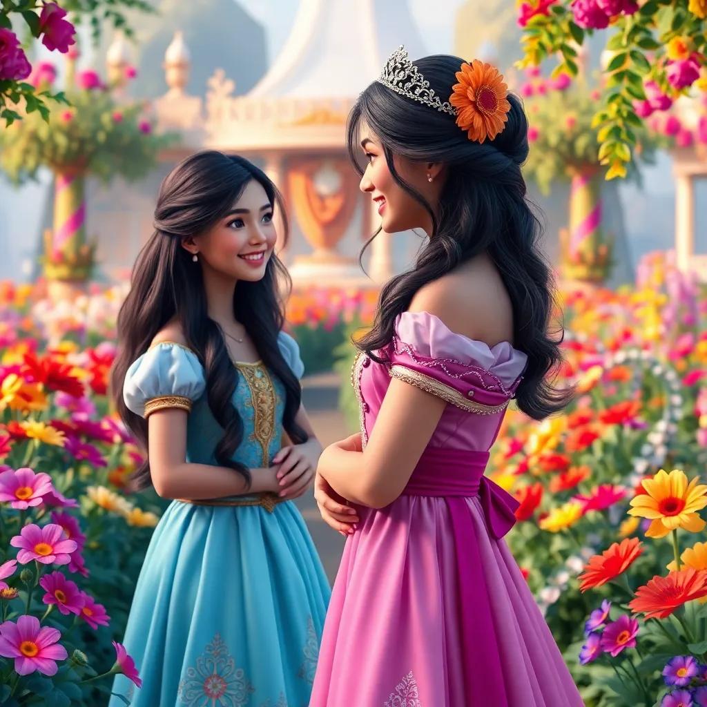 A young Middle Eastern princess, Amelia, with long, dark hair and wearing a beautiful gown, standing in a royal garden filled with colorful flowers, smiling as she talks to a baker, digital art, vibrant colors, lively atmosphere, enchanting view, high quality