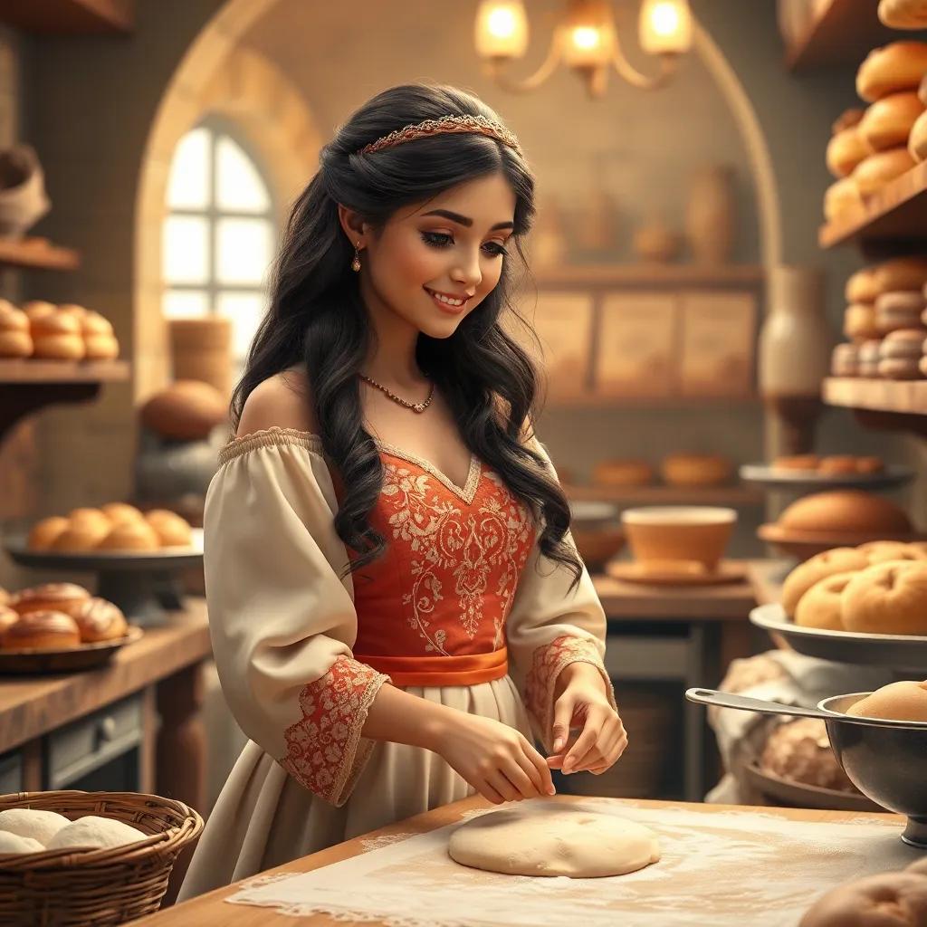 Amelia, a young Middle Eastern princess with long, dark hair in a beautiful gown, kneading dough in a cozy bakery filled with delicious pastries and bread, warm light, inviting atmosphere, cheerful and lively art style, high quality