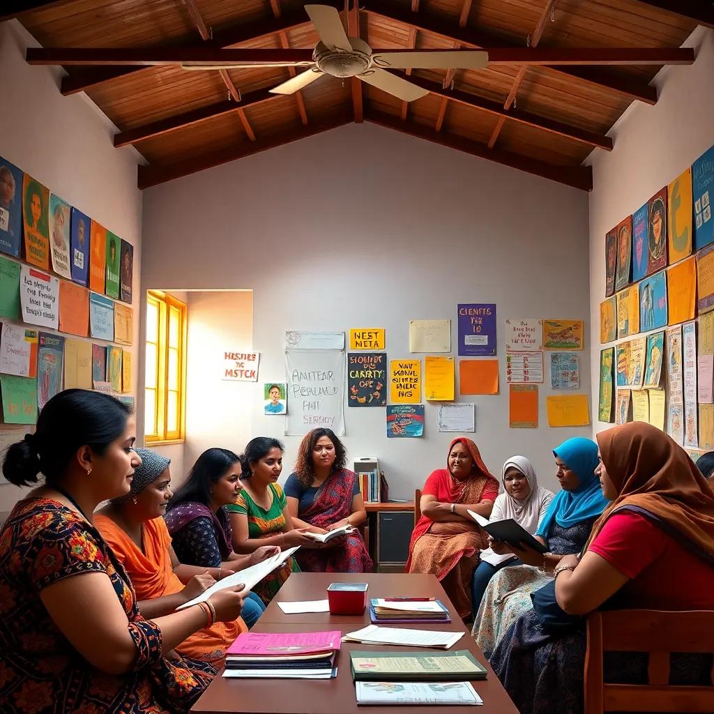 A vibrant literacy classroom in a community center, filled with enthusiastic women learning together, with colorful posters on the walls, digital art, bright and warm lighting, rich colors, inviting atmosphere, high quality