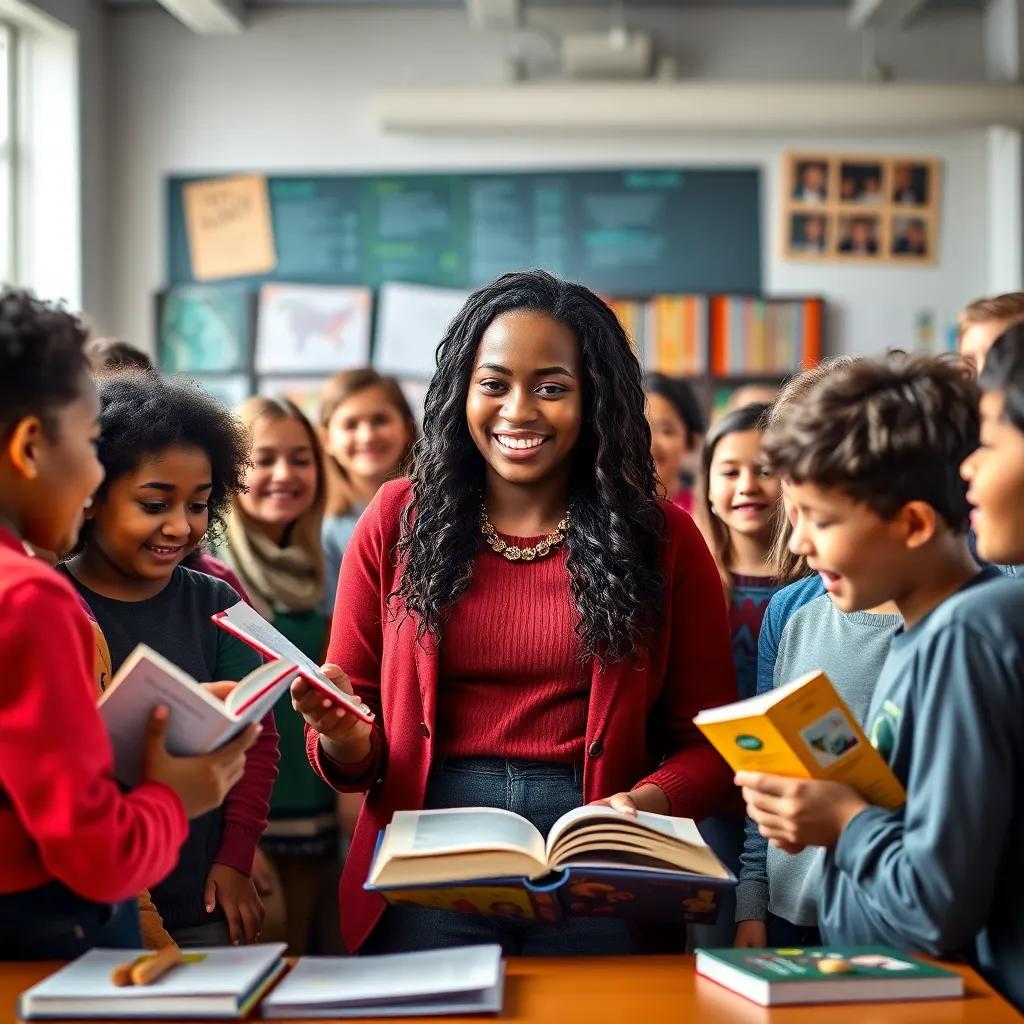 A confident woman named Amina at the center of a lively group, demonstrating an exciting reading activity with her peers, surrounded by books and smiles, cheerful and engaging, high quality