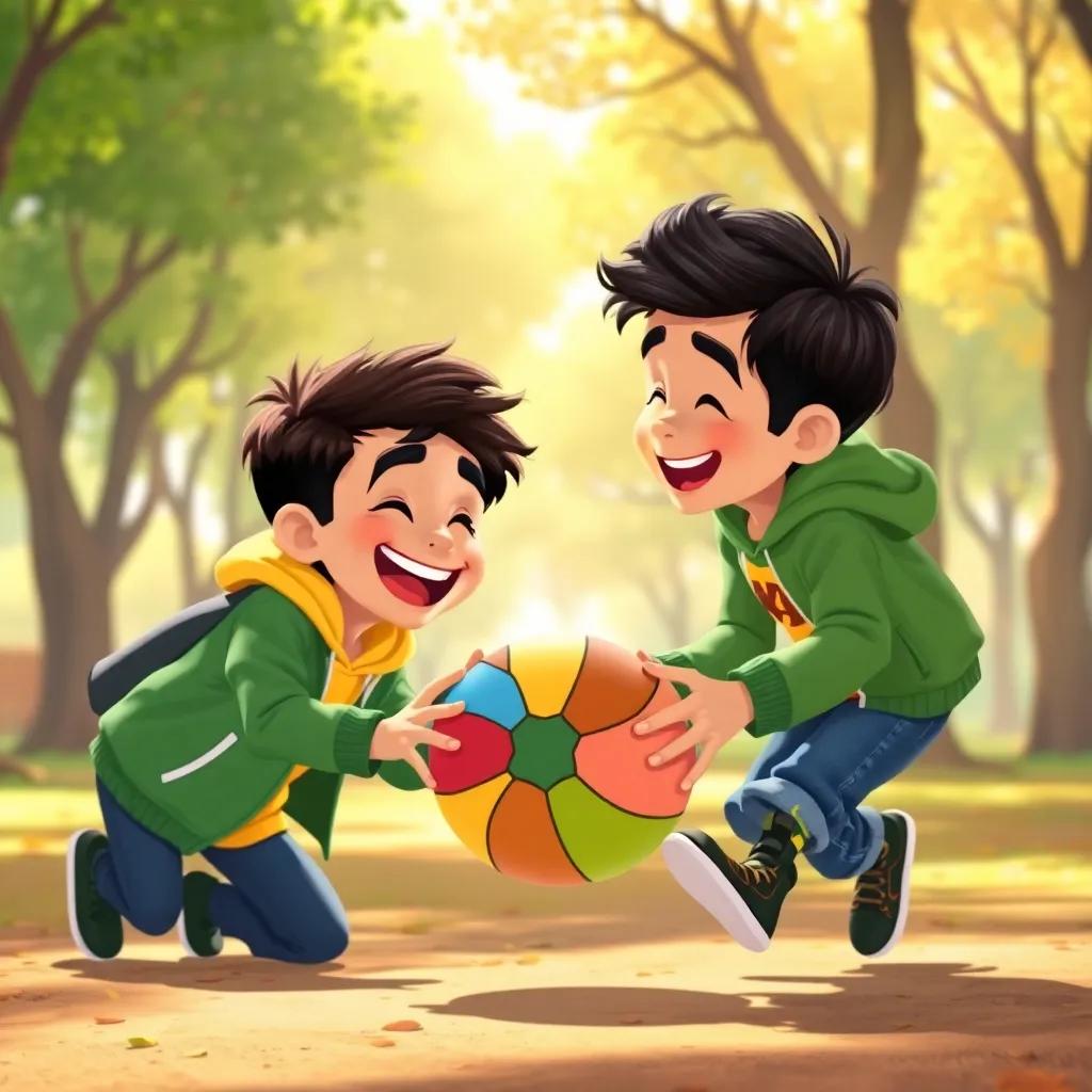 A joyful scene with Amin and his friend Hasan, both laughing and playing with a colorful ball, in the park filled with trees and sunshine, cheerful colors, playful mood, cartoon style, high quality