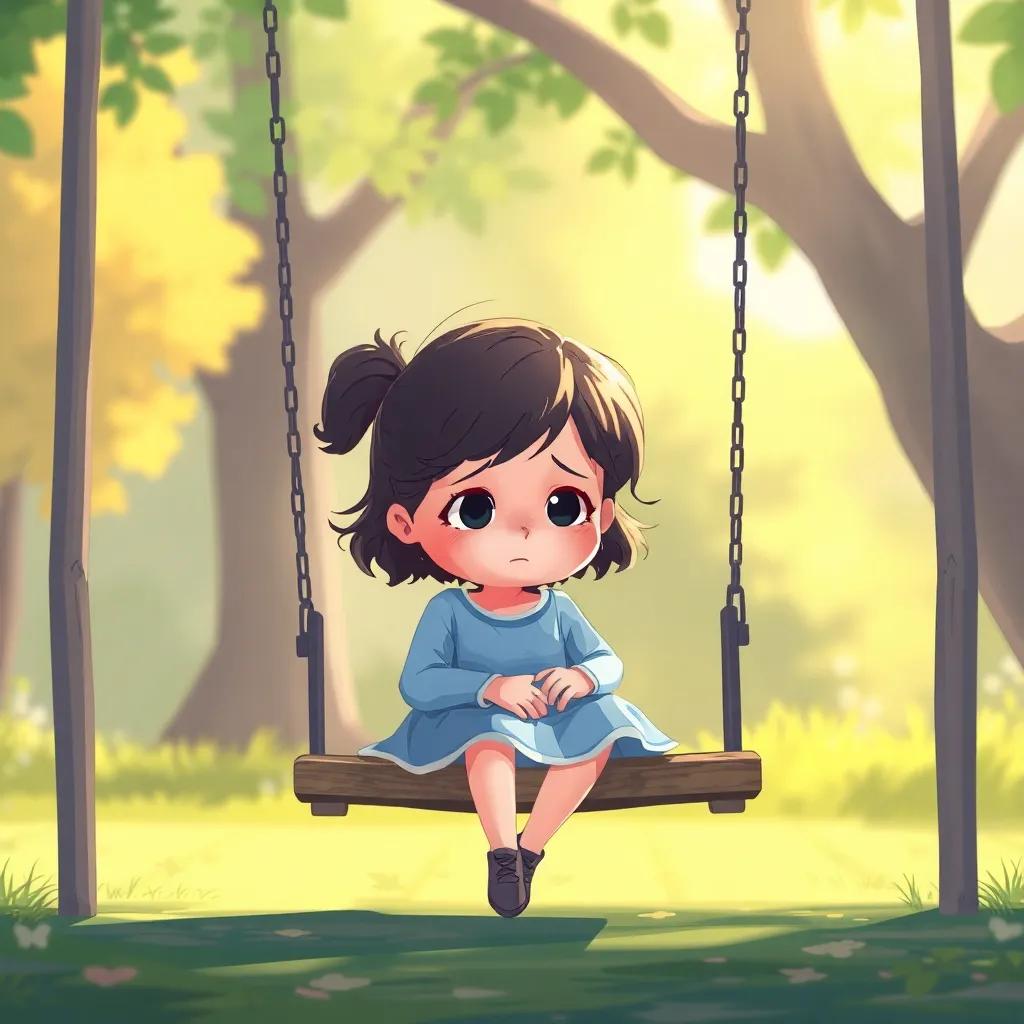 A little girl sitting alone on a swing looking sad, with a gentle breeze and soft sunlight, adding a touch of warmth and kindness to the scene, illustration, soothing colors, heartwarming moment, high quality