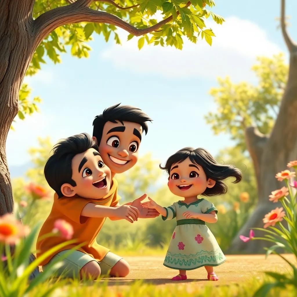A scene showing Amin inviting the little girl to play, with wide smiles on their faces, surrounded by nature, bright sunny day, friendly atmosphere, digital art, high quality