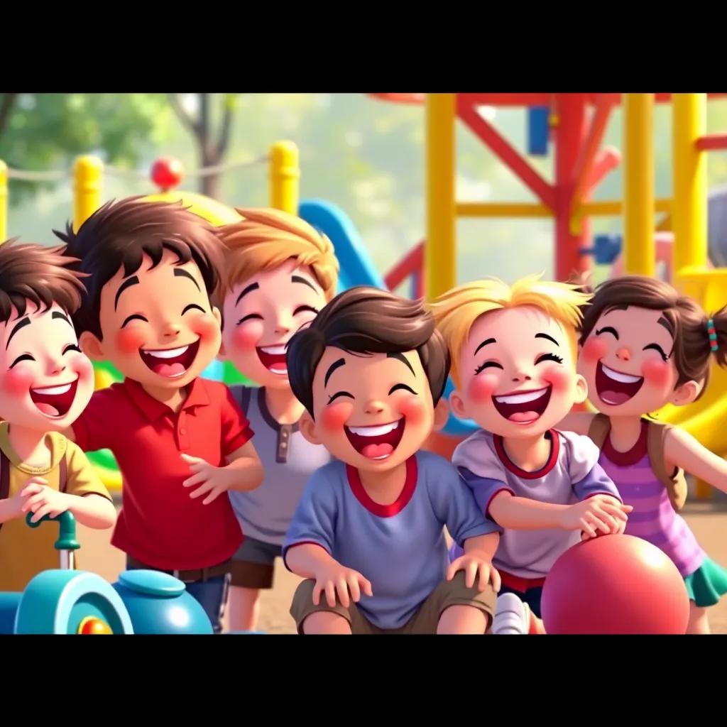 A joyful group of kids playing together, with laughter and happiness shining from their faces, in a playground filled with colorful toys, vibrant colors, lively mood, illustration, high quality