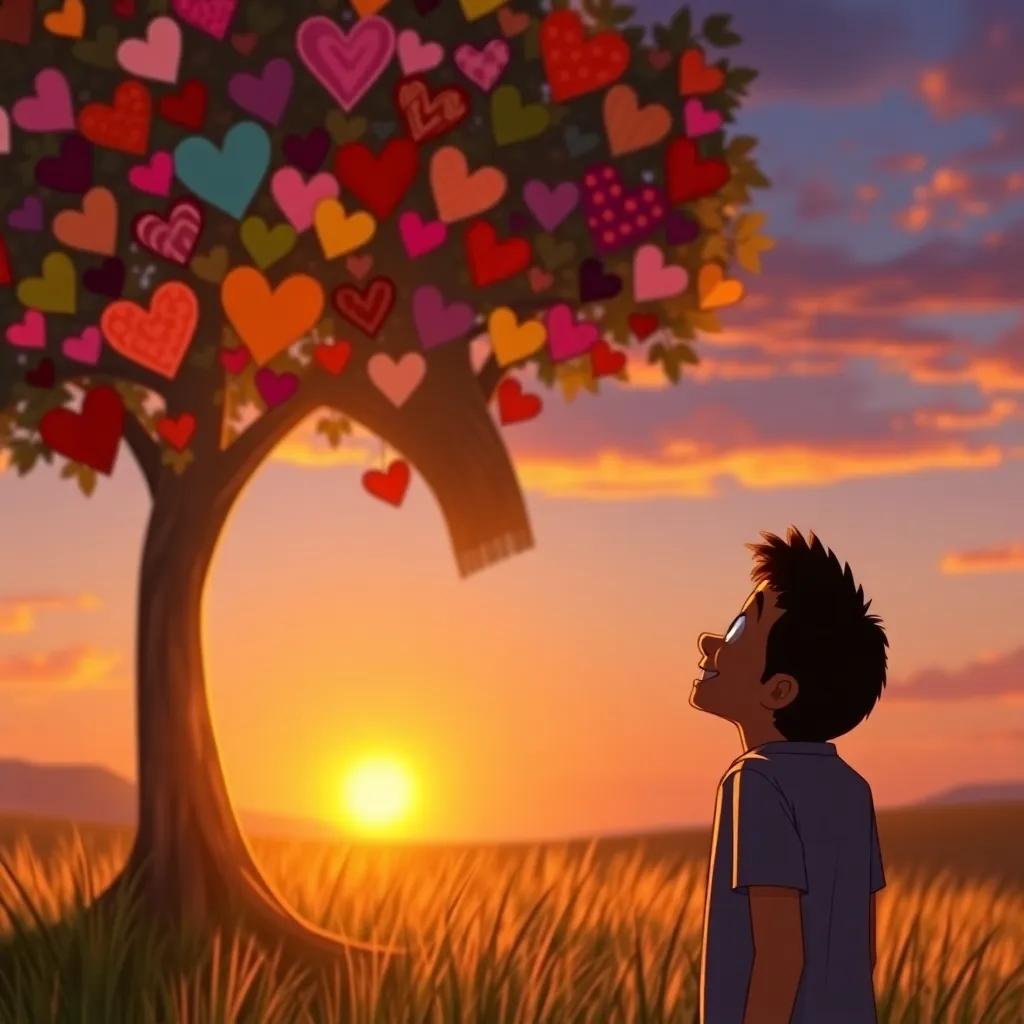 A sunset scene with Amin smiling, looking at a beautiful painted tree with colorful hearts attached, symbolizing the smiles shared by the kids, warm tones, inspiring, digital art, high quality
