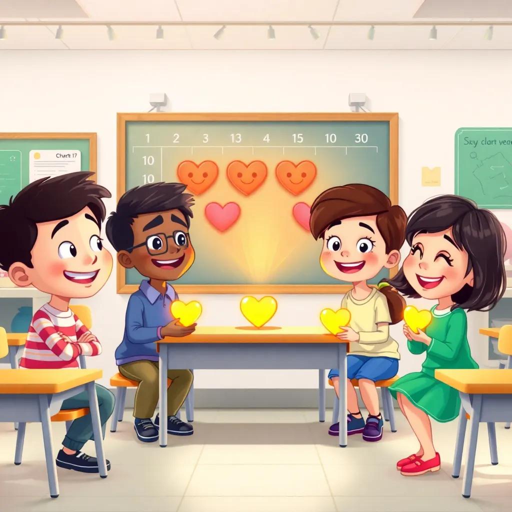 A classroom scene with Amin and friends in front of a big smile chart, placing bright hearts on it, bright classroom filled with laughter and positivity, illustration, lively colors, high quality