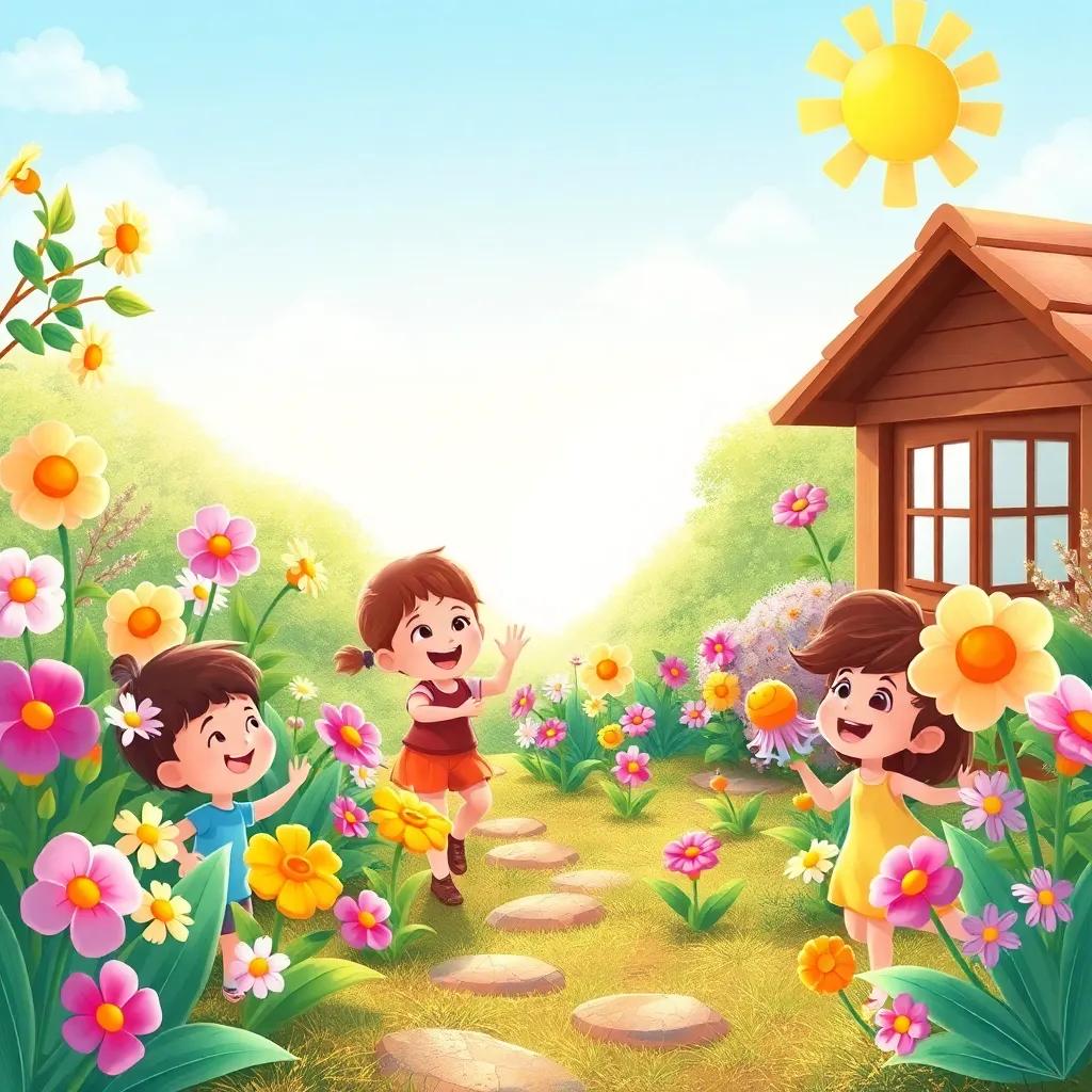 A cheerful child’s garden with blooming flowers and a joyful sun, children playing and laughing, an atmosphere of happiness and warmth, colorful illustration, high quality