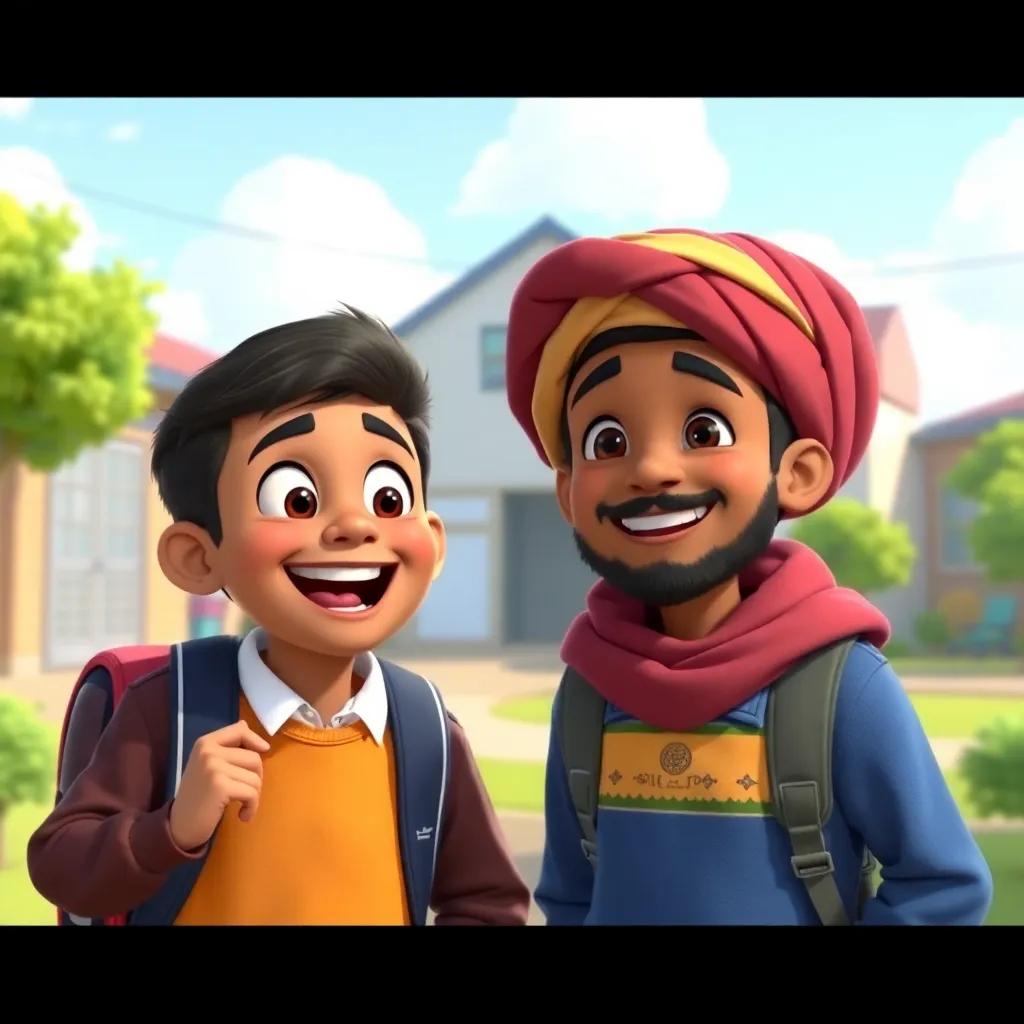 A happy schoolyard scene with Amin and his friend Omar planning their smile project, excitement and joy on their faces, lively background, digital art, cheerful colors, high quality