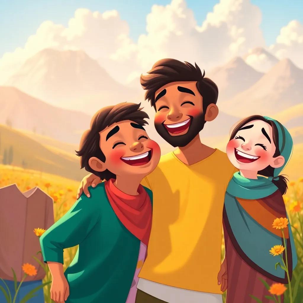 A heartwarming scene of Amin and friends laughing and spreading love through smiles, surrounded by a beautiful landscape, bright and cheerful colors, heartwarming, digital art, high quality