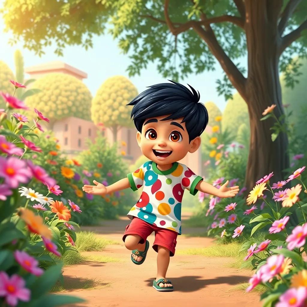 A young Arab boy, Amin, with short black hair wearing a colorful t-shirt and shorts, playing in his grandfather's garden surrounded by flowers and trees, cheerful and adventurous, digital art, bright and vibrant colors, joyful atmosphere, high quality