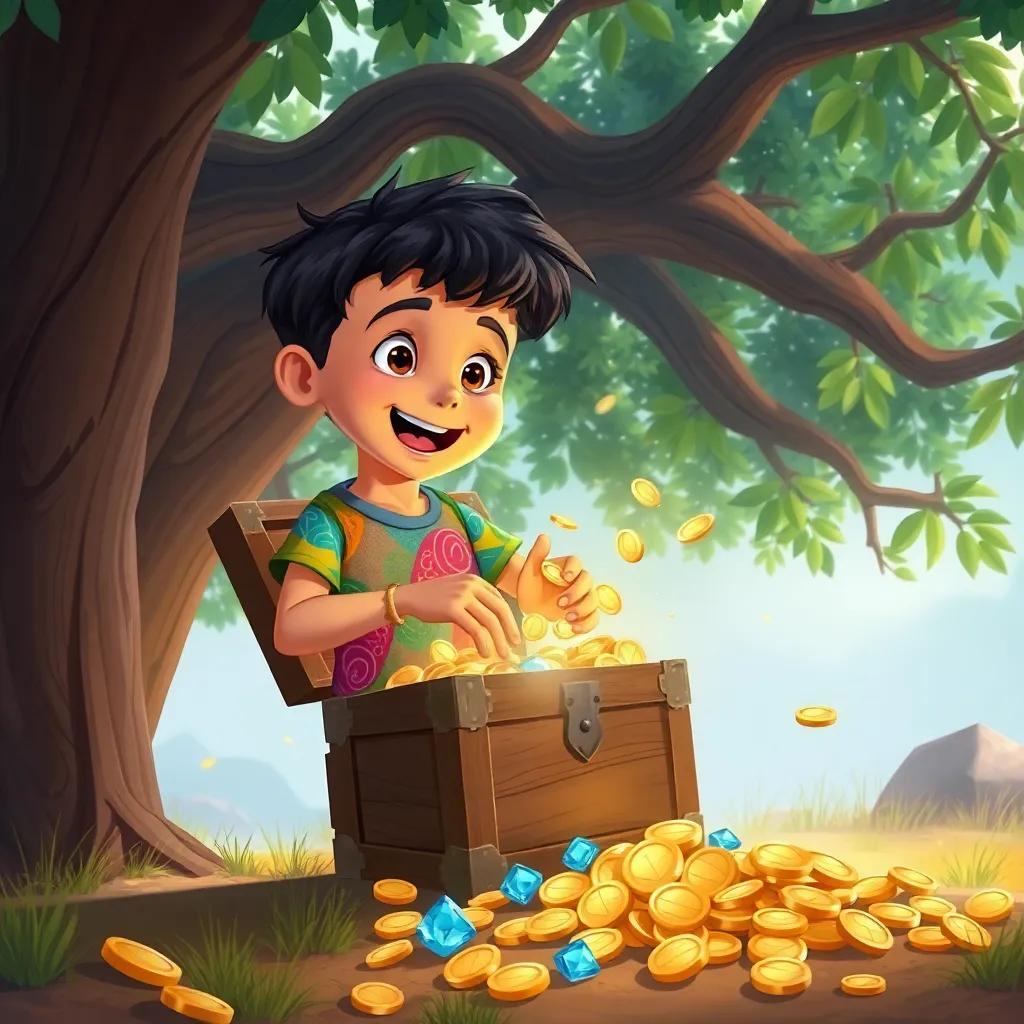 A young Arab boy, Amin, with short black hair wearing a colorful t-shirt and shorts, opening an old wooden box filled with golden coins and sparkling jewels under a big tree, excited and surprised, illustration, magical and colorful, captivating scene, high quality