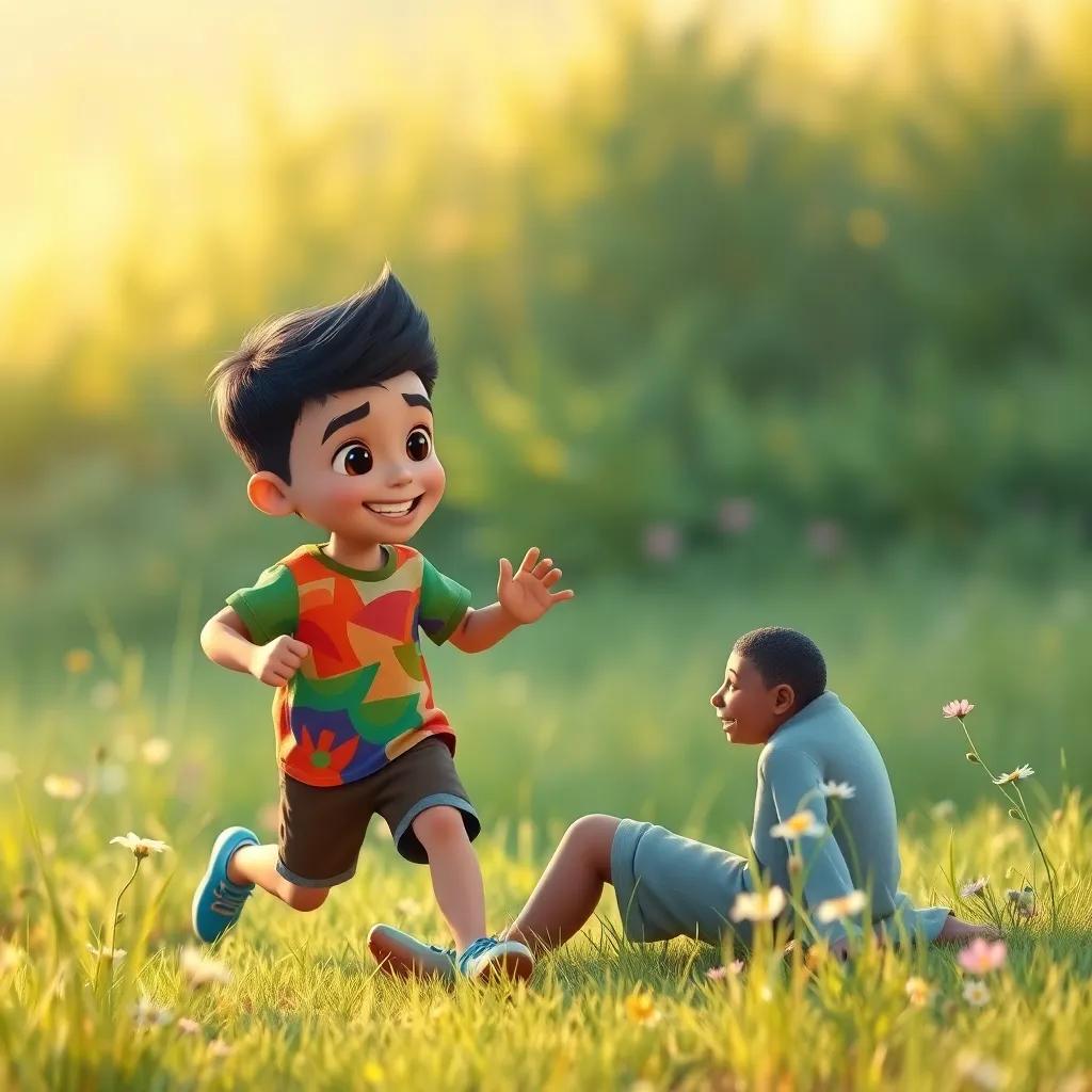 A young Arab boy, Amin, with short dark hair, wearing a colorful T-shirt and shorts, running towards his friend Karim who is sitting on the ground with a hurt knee, surrounded by green grass and wildflowers, digital art, cheerful, vibrant colors, warm lighting, child-friendly, high quality