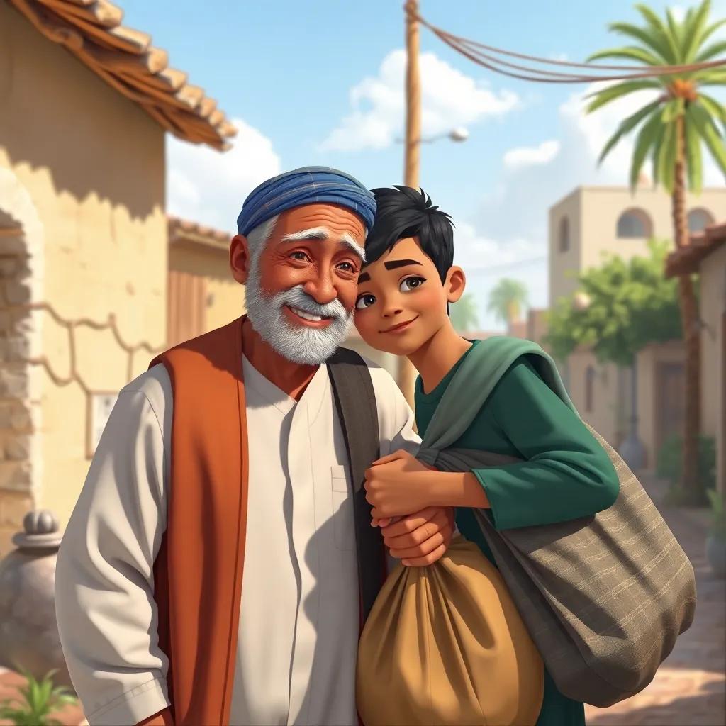 A kind old man in traditional attire, smiling at Amin, a young Arab boy with short dark hair, helping him carry a heavy bag, with a sunny village background, digital painting, community feeling, uplifting atmosphere, bright and detailed