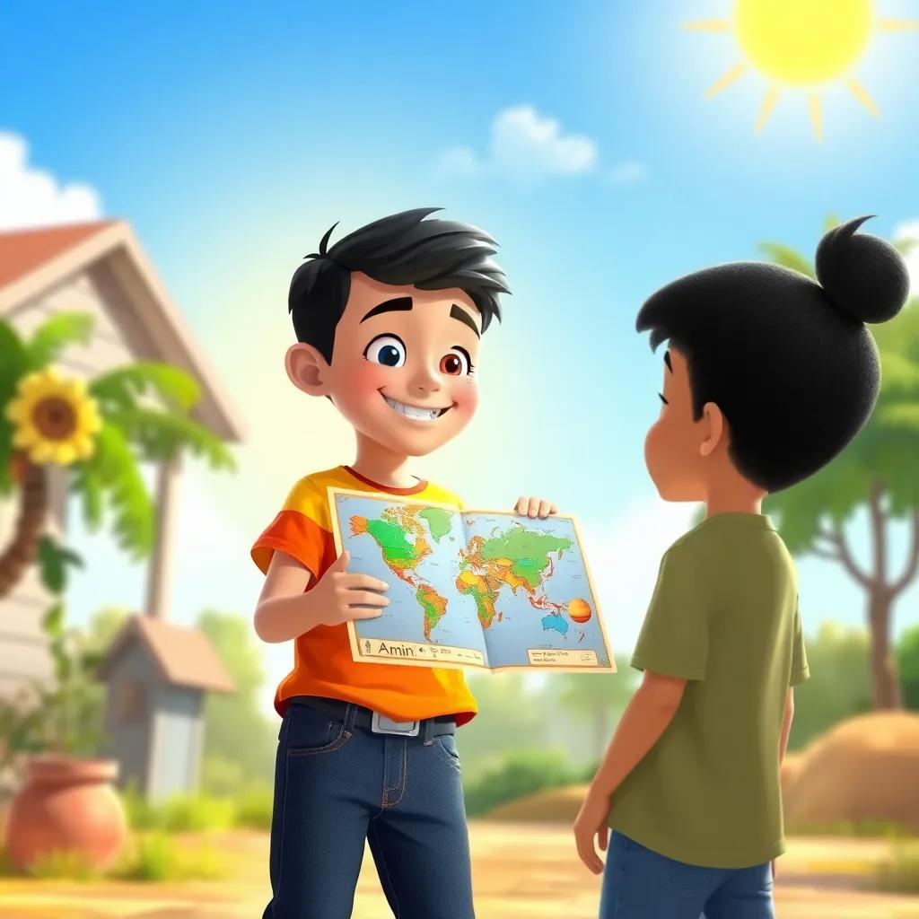 A bright sunny morning scene, a young Arab boy, Amin, with short black hair, wearing a colorful t-shirt and jeans, showing a colorful map with symbols of planets to his curious friend, a cheerful atmosphere, digital art, vibrant colors, clear sky, friendly expressions