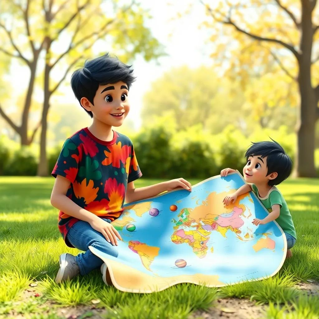 Amin, a young Arab boy with short black hair in a colorful t-shirt and jeans, sitting in a park with a large colorful map spread out, discussing planets, with a curious friend beside him, cheerful vibes, bright sunlight, nature background