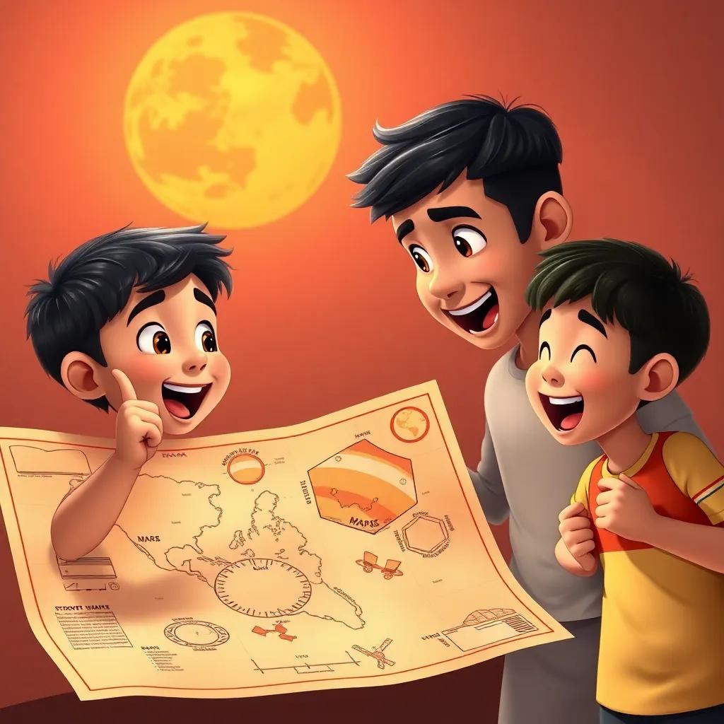 Amin, a young Arab boy with short black hair, gesturing excitedly while pointing at the map which has detailed drawings of Mars and storytelling header, with a joyous friend listening intently, bright colors, engaging scene, uplifting energy