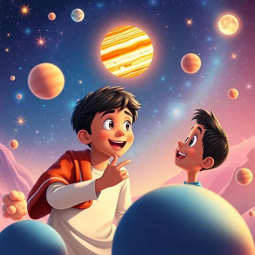 Amin, a young Arab boy with short black hair sharing animatedly about Jupiter, the map showing a big red spot, with his amazed friend, bright and magical atmosphere, colorful illustrations all around