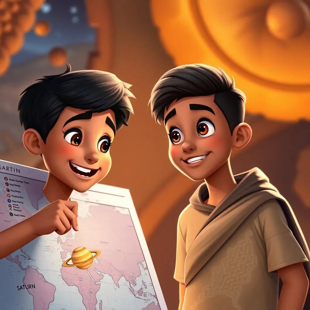 Amin, a young Arab boy with short black hair, excitedly pointing towards a section of the map about Saturn, while his friend listens with wide eyes, enjoying the imaginative details, vivid art style, warm light, fun