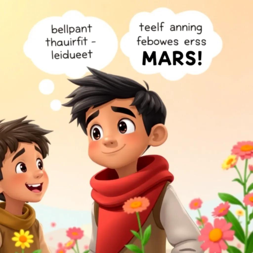 Amin, a young Arab boy with short black hair, dreamily discussing planting flowers on Mars, with a playful expression, his friend laughing beside him, bright and cheerful setting, colorful background, child-friendly