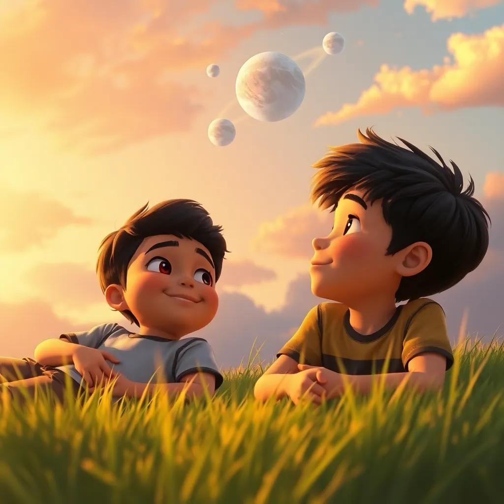 Amin and his friend lying on the grass at sunset, looking at the sky, dreaming about flying to other planets, with warm golden light, peaceful scene, childlike wonder