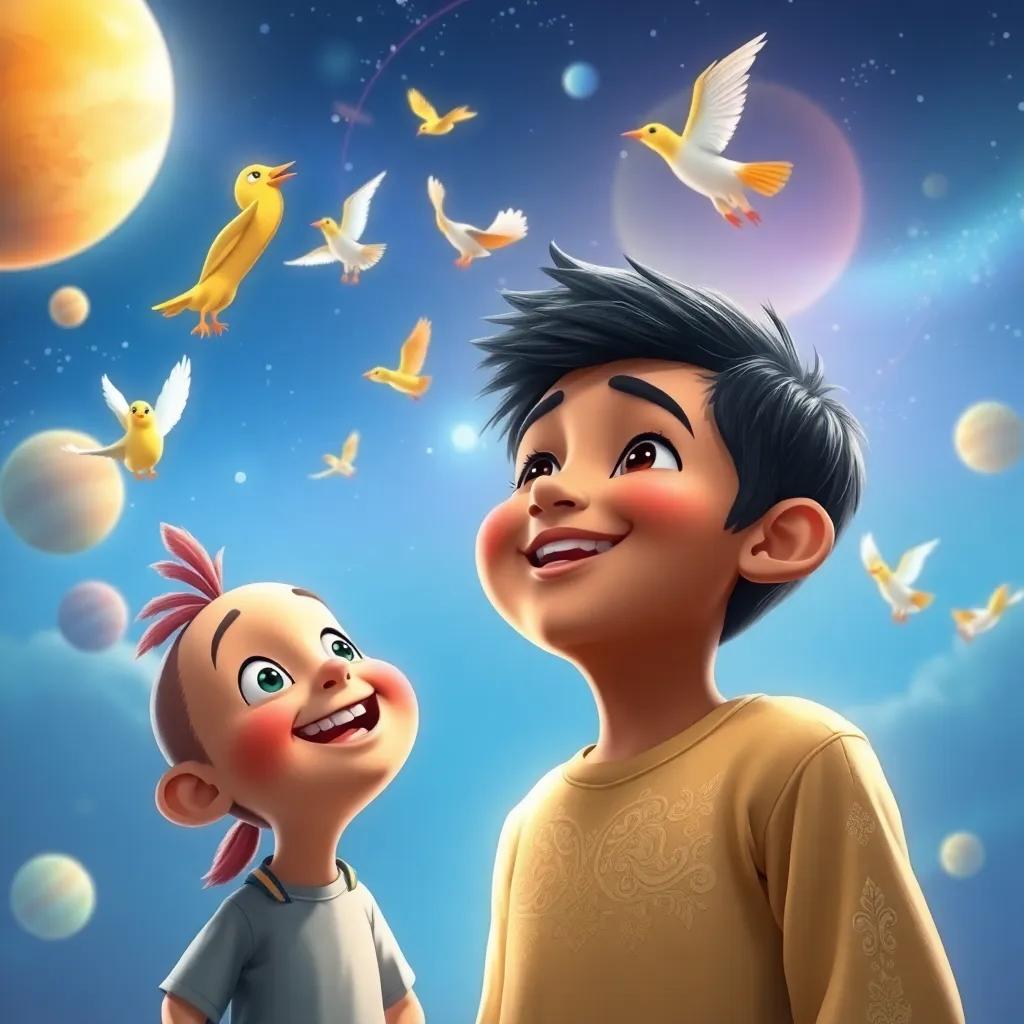 Amin, a young Arab boy with short black hair, playfully imagining birds on other planets, while his friend smiles beside him, whimsical and dreamy feeling, vibrant colors