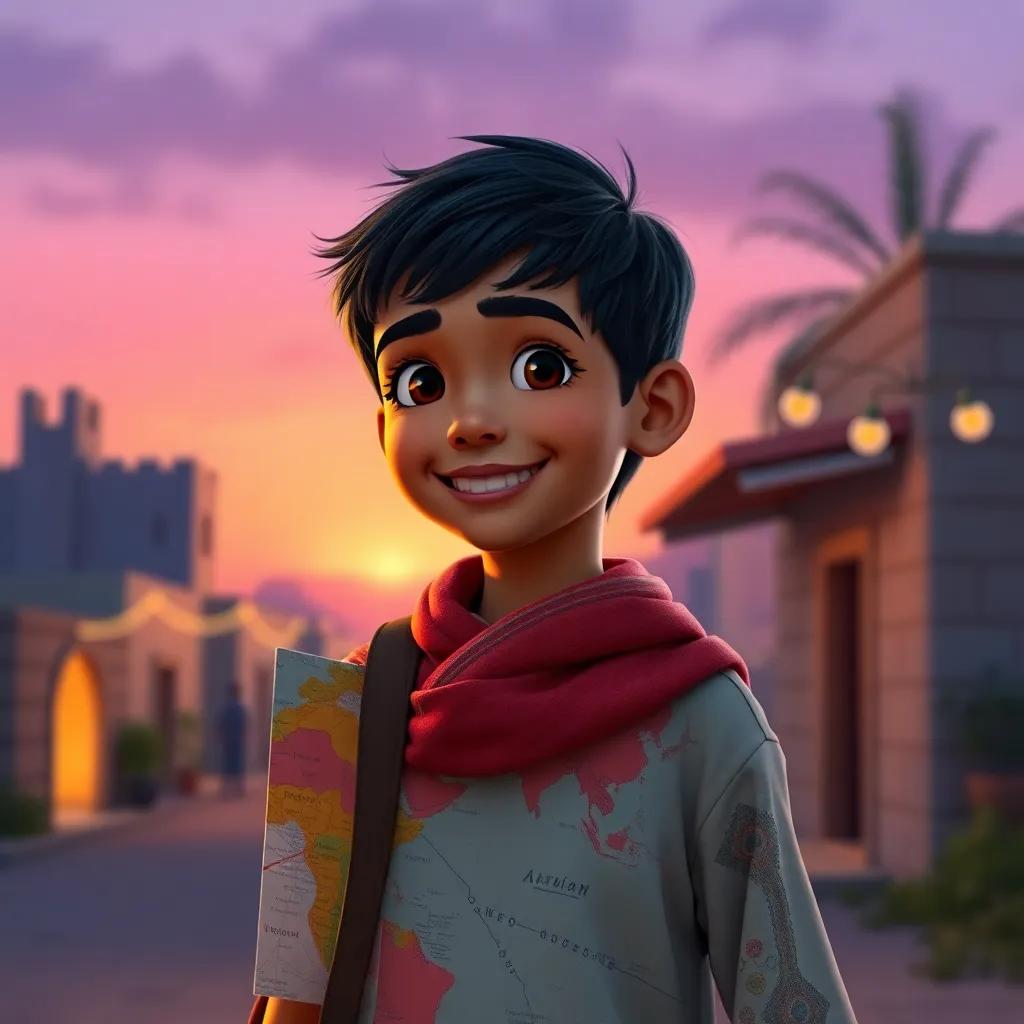 Amin, a young Arab boy with short black hair, going home with his colorful map under his arm, a smile on his face, the evening sky turning purple, warm and inviting ambiance