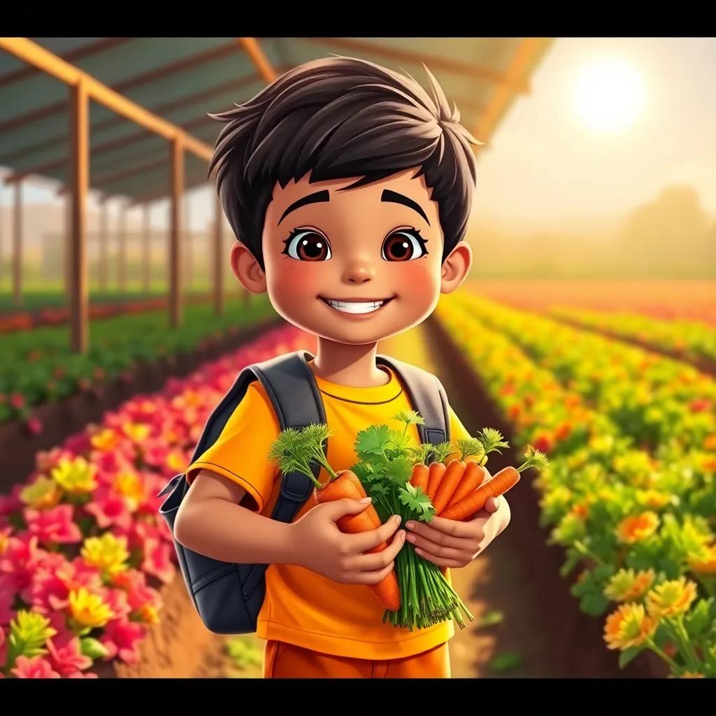 A cheerful young boy, Amin, about 4 years old, wearing a bright t-shirt and shorts, holding a small backpack filled with carrots and lettuce, smiling under the sun in a vibrant farm, digital art, warm colors, cheerful atmosphere, high quality