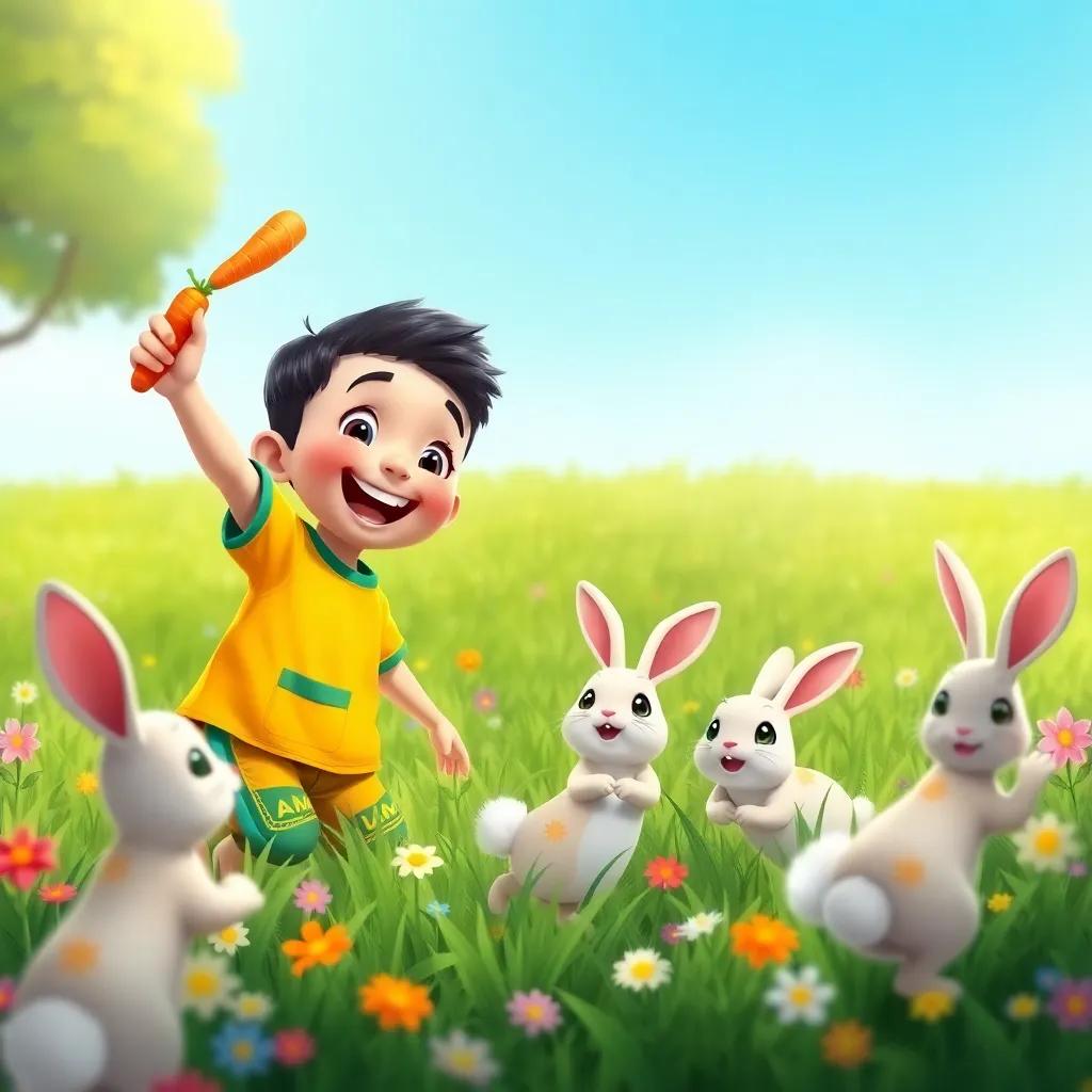 Amin, a young boy with short hair and bright clothes, joyfully throwing a carrot to cute rabbits hopping in a green field, surrounded by flowers, digital illustration, colorful, playful, child-friendly