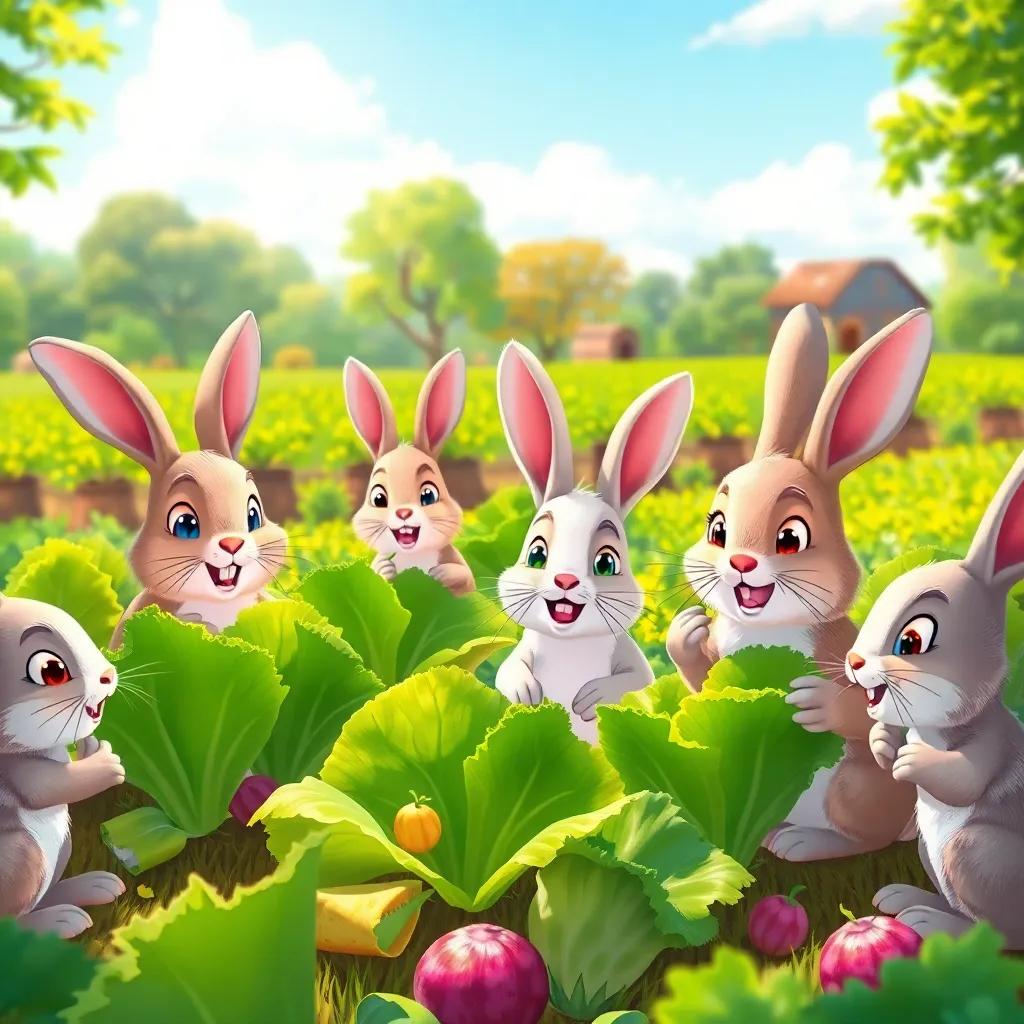 Several happy rabbits eating lettuce in a sunlit farm, with trees and crops in the background, lively scene, detailed illustration, vibrant colors, welcoming view