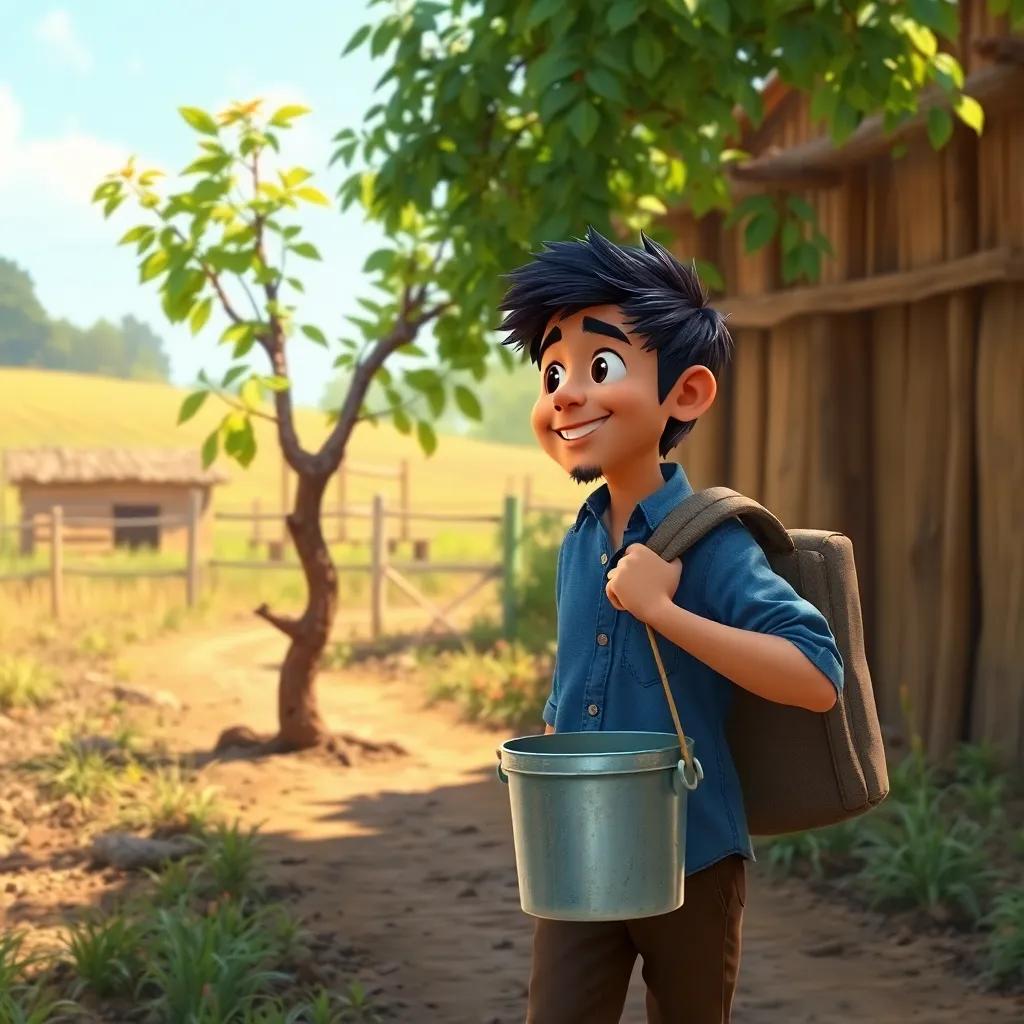 Amin carrying a bucket towards a weak tree, smiling as he looks at the tree with hope, in a rustic farm setting, bright sunlight, inviting scene, digital art, heartwarming atmosphere