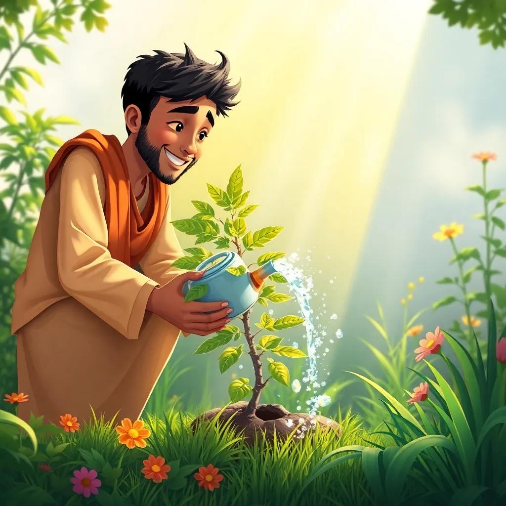 Amin watering a small tree, with water splashing and sunbeams shining down, surrounded by green grass and flourishing plants, colorful digital painting, joyful mood, high-quality materials