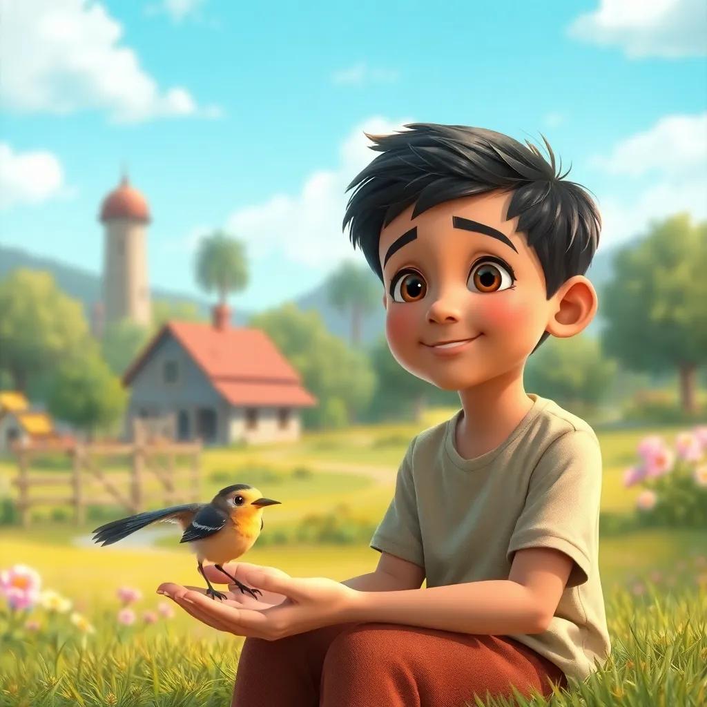 A young boy, Amin, sitting next to a small frightened bird in his palm, with a gentle expression, background of a lovely farm, softness in the illustration, uplifting atmosphere, colorful details