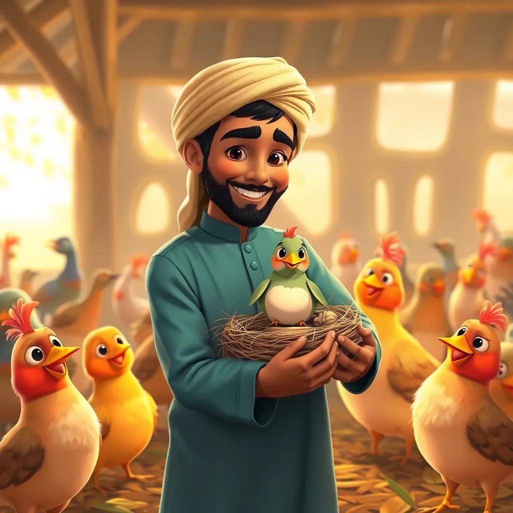 Amin carrying the little bird back to its nest, surrounded by other cheerful birds, a safe peaceful setting in the farm, illustrating the connection to nature, warm light, happy scene