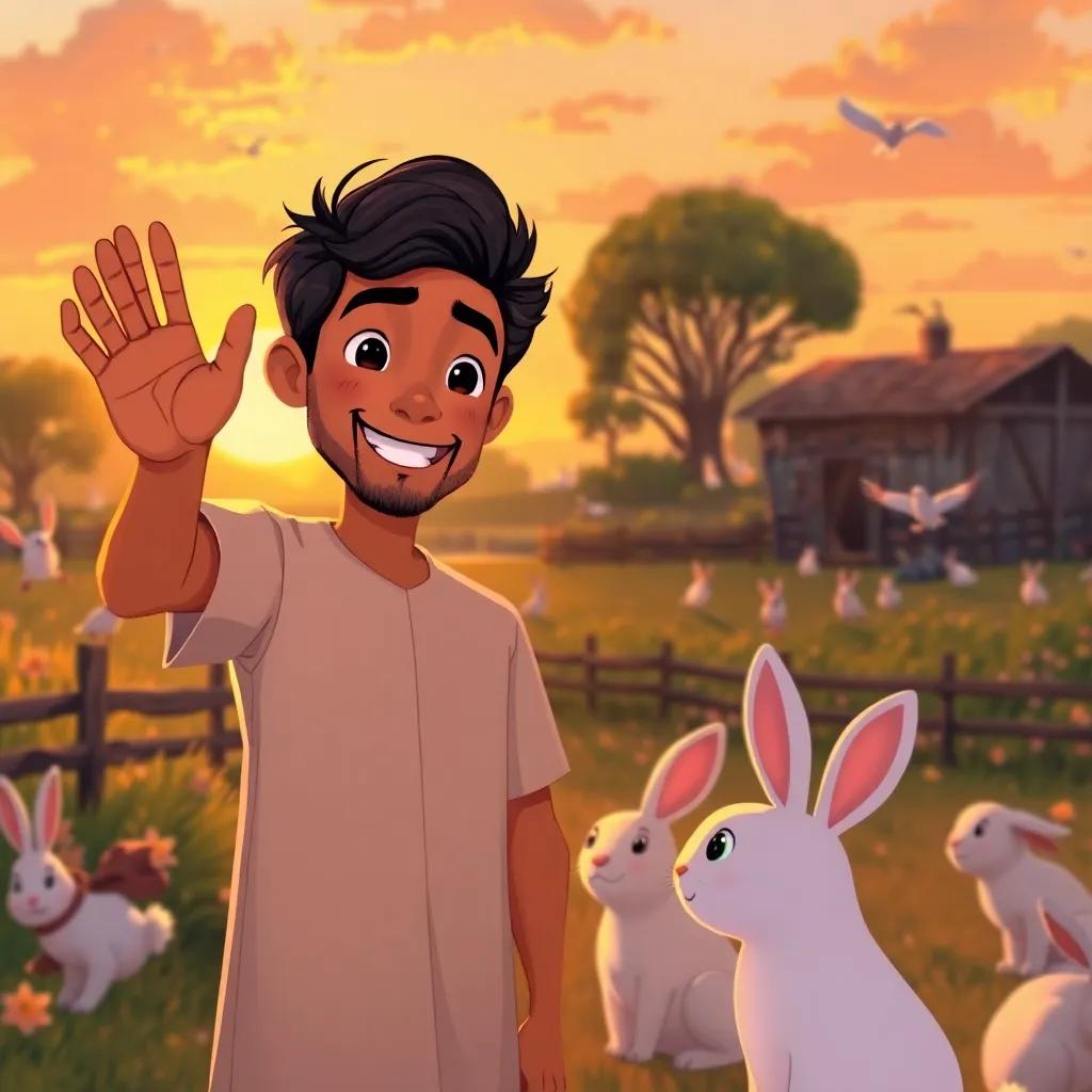 Amin waving goodbye to the birds and rabbits, with a sunset in the background, featuring golden hues and a peaceful farm, magical feeling, digital illustration, inviting atmosphere