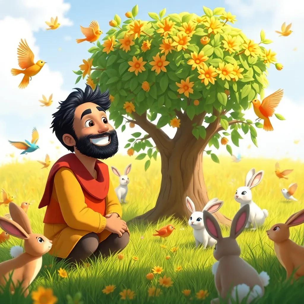 Amin smiling while looking at the tree he watered, surrounded by rabbits and birds playing around, giving a sense of harmony, sunny day, colorful art, friendly vibe