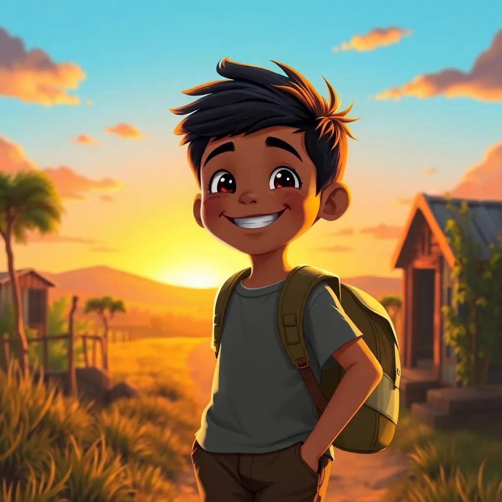 Amin, a young boy with a big smile, happily walking back home from the farm, with his backpack and a feeling of satisfaction, sunset in the background, warm colors, heartwarming scene