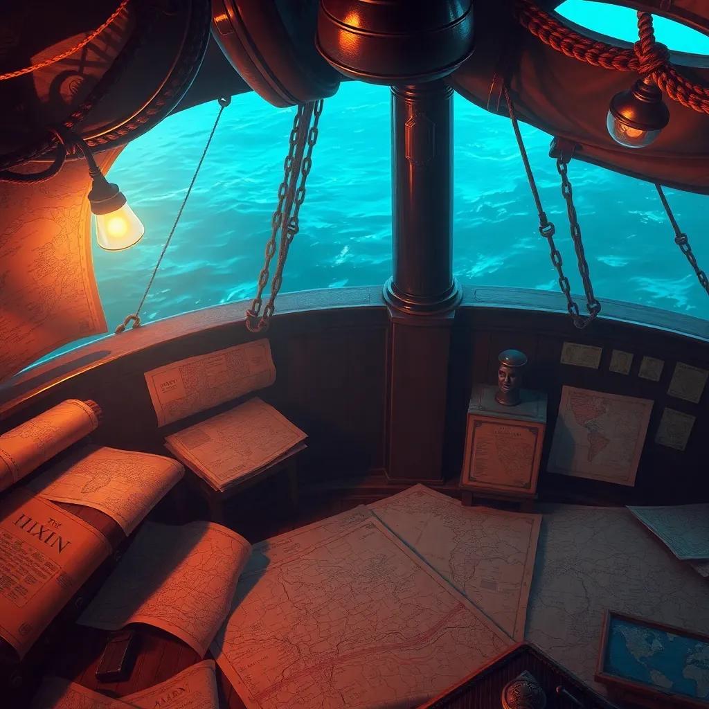 Inside the ship, ancient maps scattered around, Amin observing with wide eyes, warm lighting, adventurous atmosphere, detailed digital art