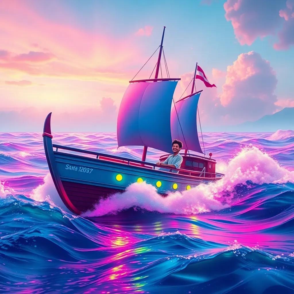 The ship sailing through vibrant waves, the sea reflecting beautiful colors, Amin smiling and enjoying the ride, joyful scene, bright colors, high quality