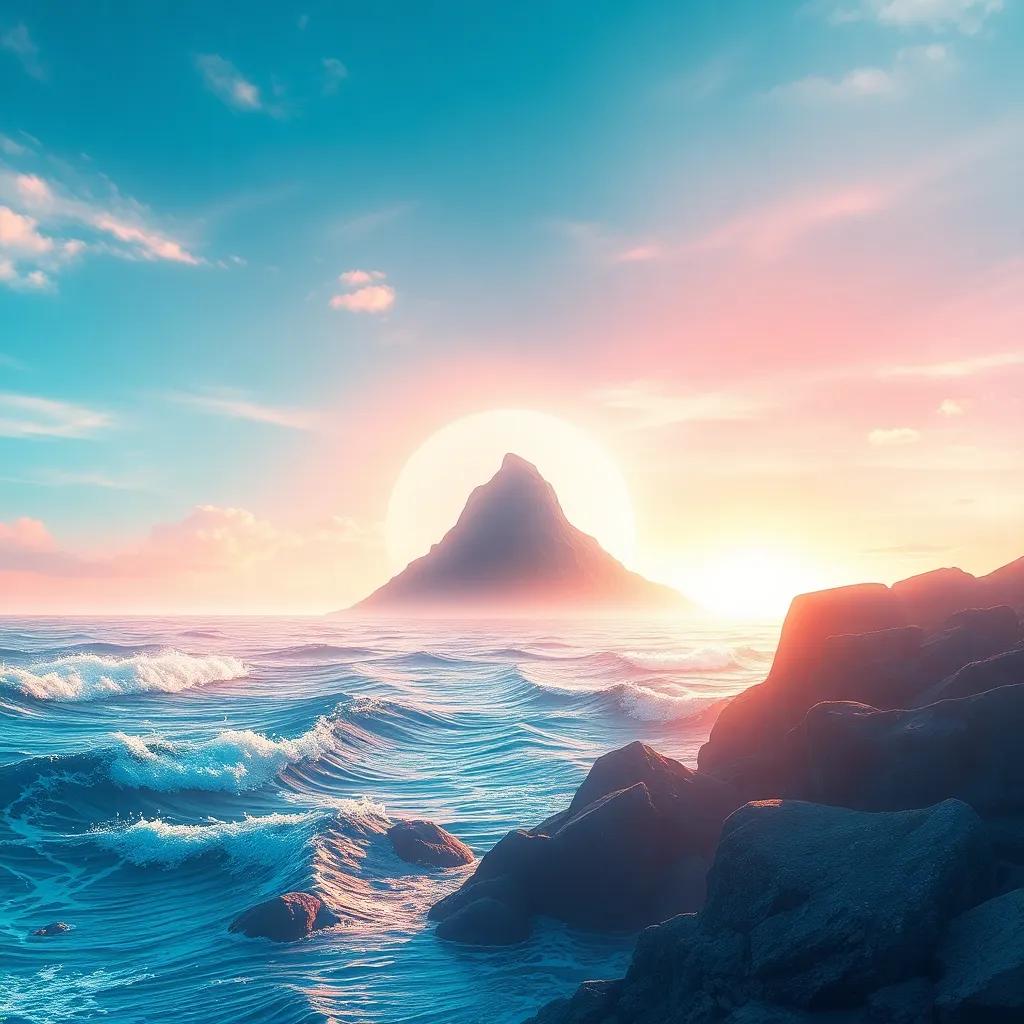 A mysterious island appearing in the distance, waves rolling in, Amin curious, bright skies, inviting colors, magical landscape, storytelling scene