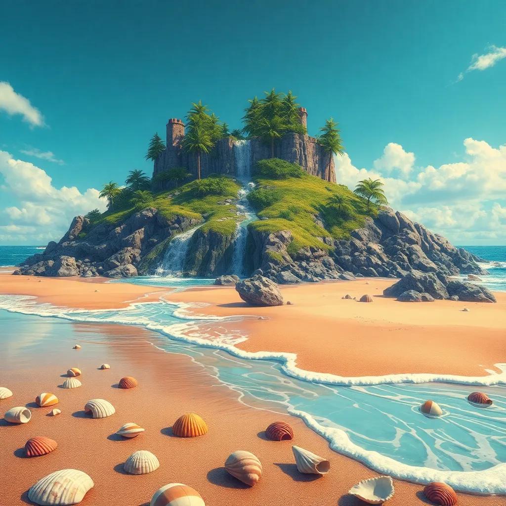 The island of tide, with water flowing onto the beach, detailed view, sea shells scattered around, cheerful environment, vibrant colors, heartwarming
