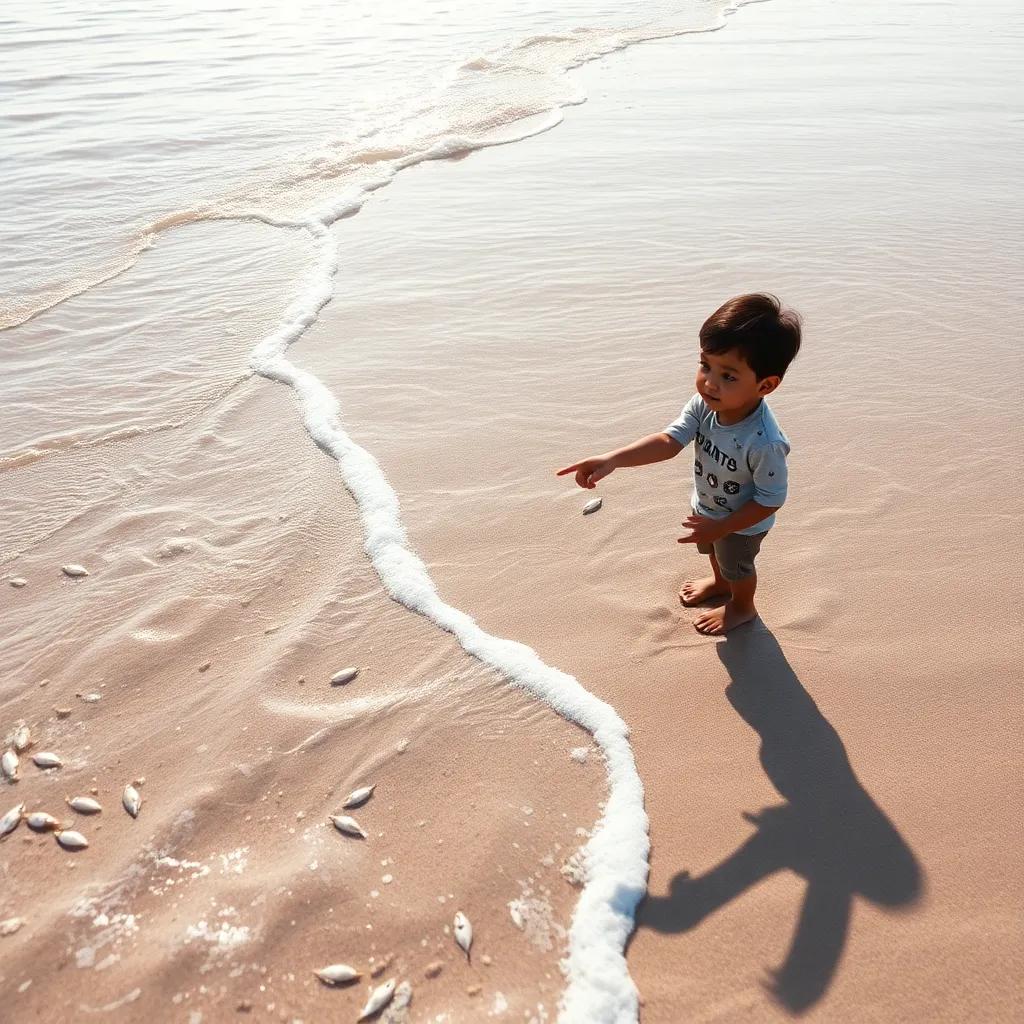 The tide receding, revealing soft sand and small fish, Amin excitedly pointing and observing, clear gentle light, captivating moment, high quality