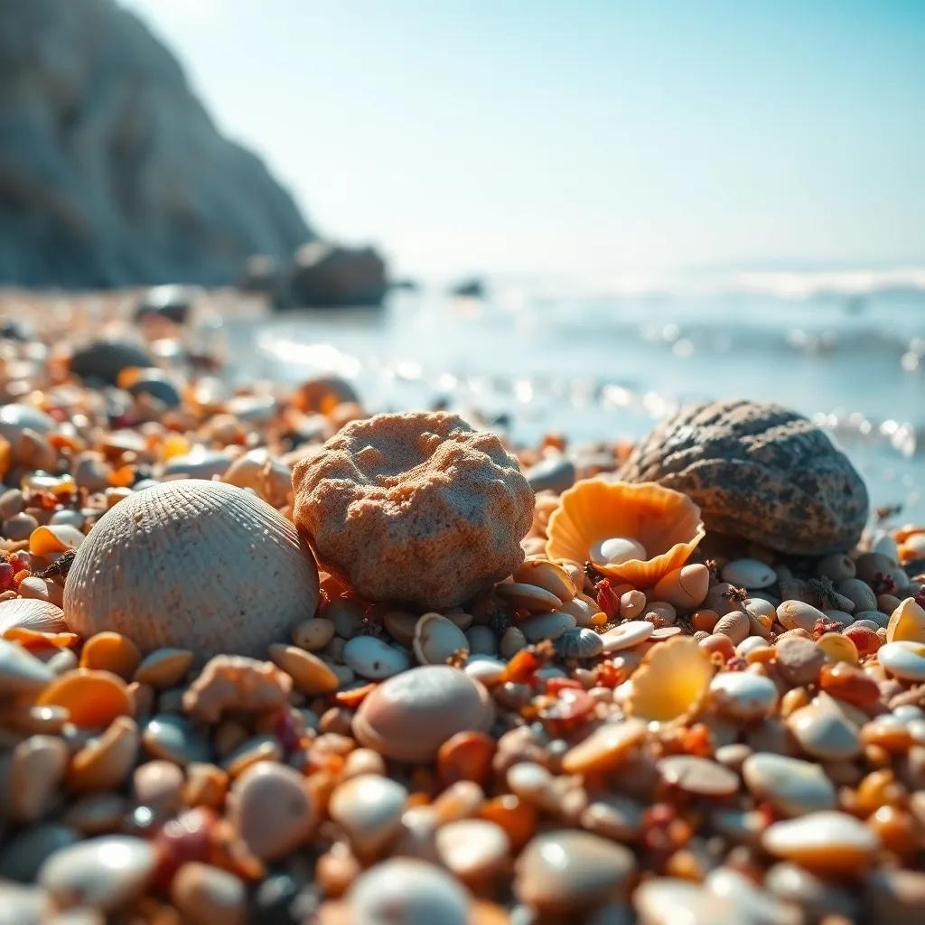 A serene view of shells and small creatures on the shore as the tide goes out, Amin amazed, colorful details, joyful atmosphere, beautiful digital art