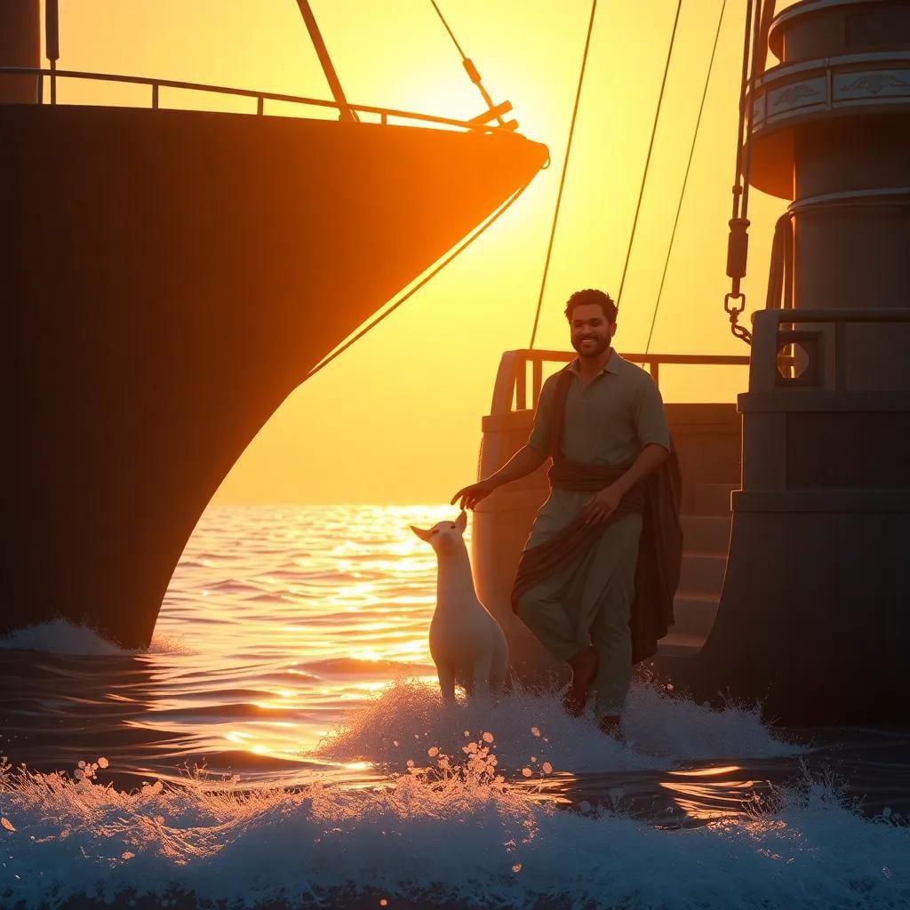 A farewell scene with Amin stepping off the ship back onto the shore, smiling, sunlight glistening, warm colors creating a cozy ambiance, high quality
