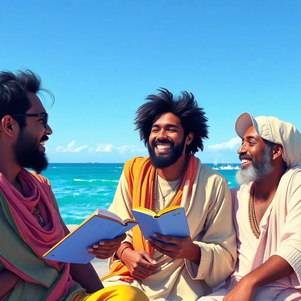 A happy Amin sharing stories with friends about tides, laughter around, bright day, cheerful environment, vibrant and engaging scene