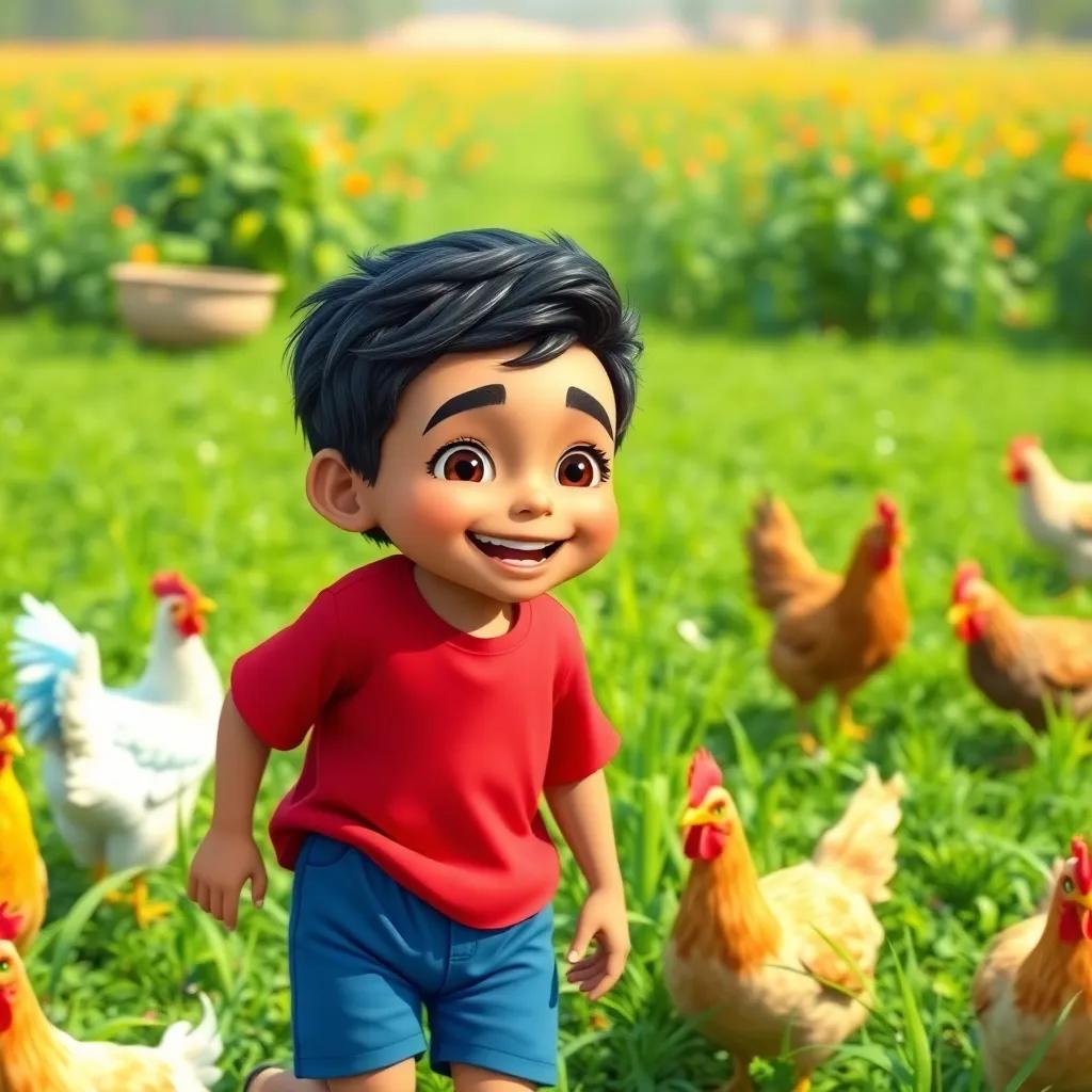 A young Arab boy, Amin, with short black hair, wearing a red shirt and blue shorts, playing joyfully in a green farm, with colorful chickens around, digital art, cheerful, vibrant colors, bright and sunny, high quality