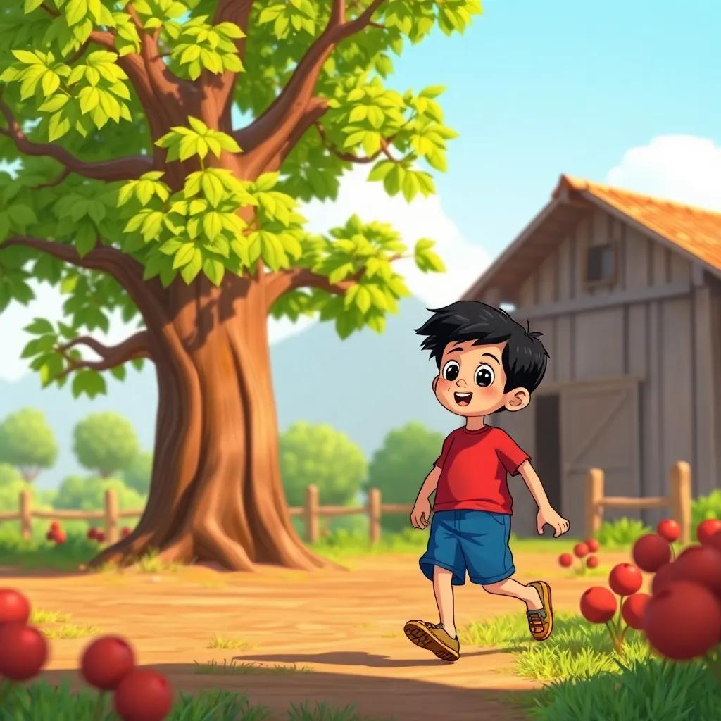 Amin, a young Arab boy, with short black hair, wearing a red shirt and blue shorts, walking excitedly near a big tree in the farm, with green leaves and a sunny sky, illustration, colorful and inviting, child-friendly, high quality