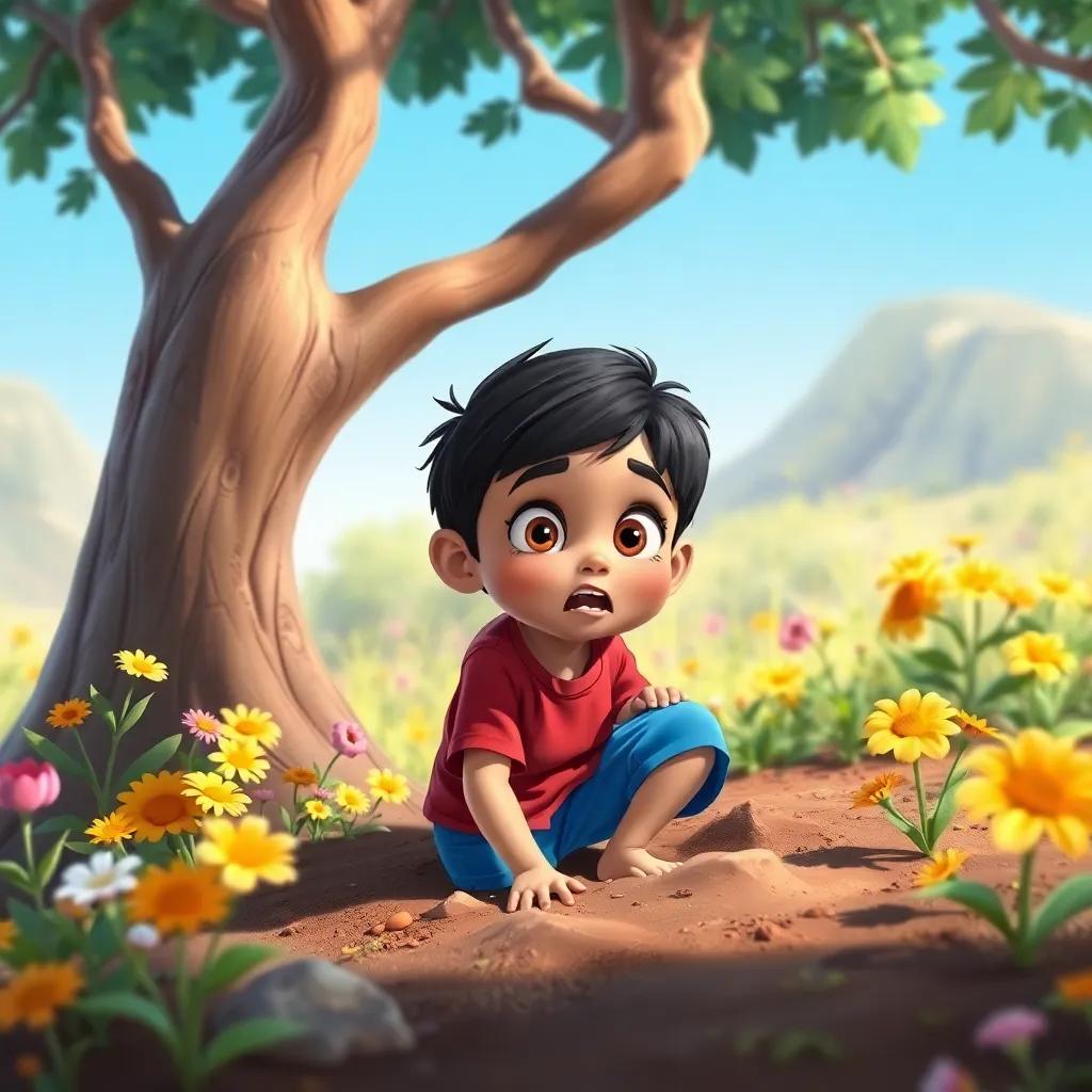 Amin, a young Arab boy, with short black hair, wearing a red shirt and blue shorts, digging in the ground under a big tree, looking surprised, surrounded by bright flowers, detailed, lively colors, child-safe, high quality