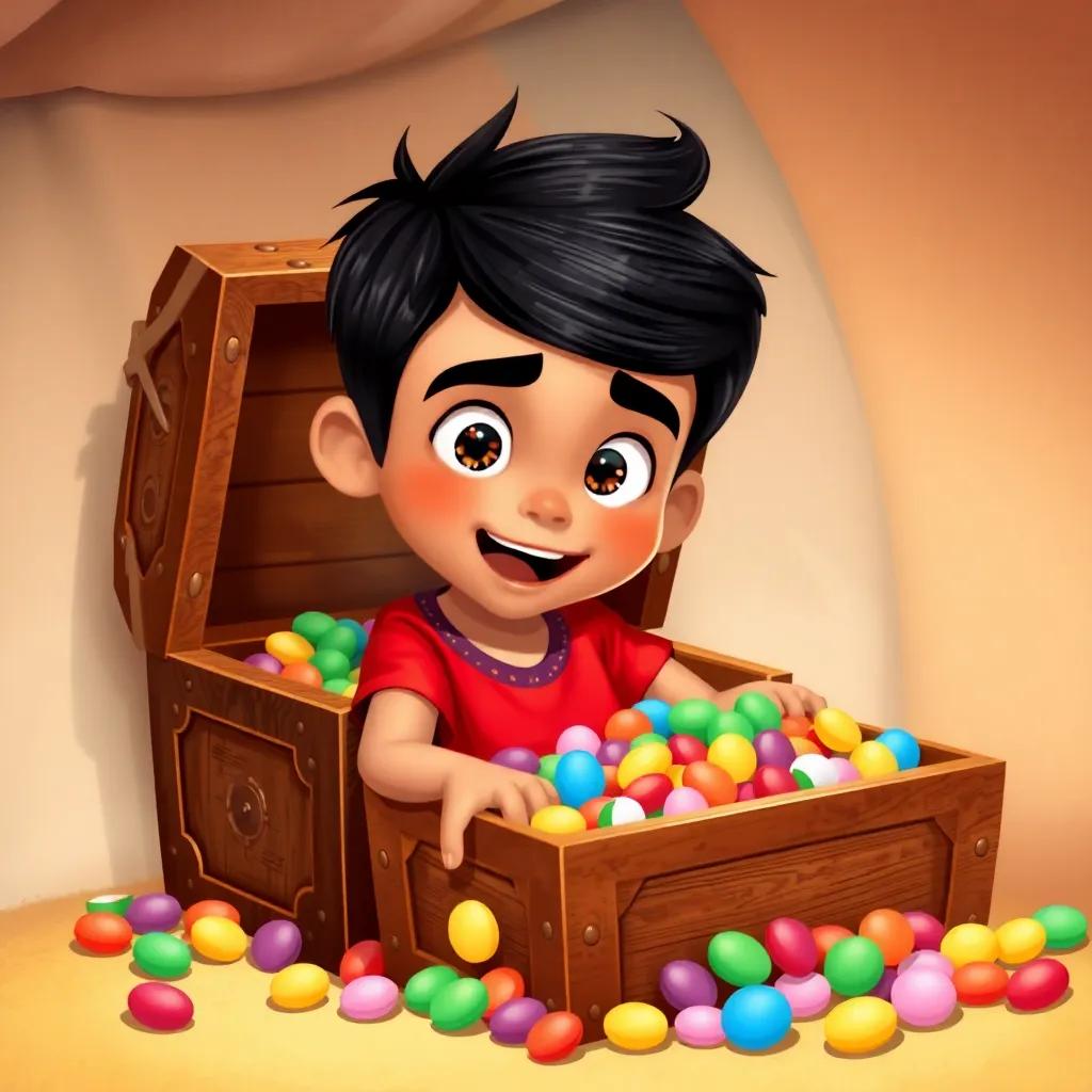 Amin, a young Arab boy, with short black hair, wearing a red shirt and blue shorts, finding an old treasure chest filled with colorful candies, with amazed expression, cheerful scene, digital art, sweet colors, fun atmosphere, high quality